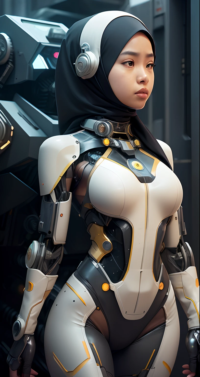 female robot wearing hijab, big breasts, white body, robot arm, long nails, pink lips and wearing glove latex