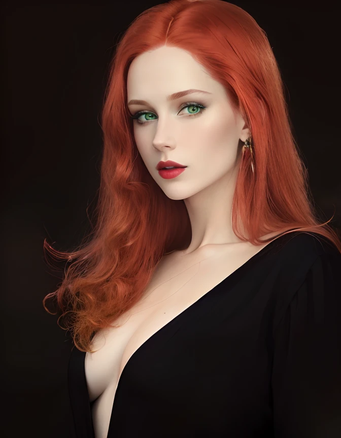(best quality,4k,highres,masterpiece:1.2),pale-skinned,pale-skinned woman,green-eyed,sexy,red-haired woman,red-haired beauty with green eyes,great long red hair,red lipstick,sexy expression,gorgeous appearance,seductive gaze,wearing a black dress,portraits,photorealistic,vivid colors,soft lighting