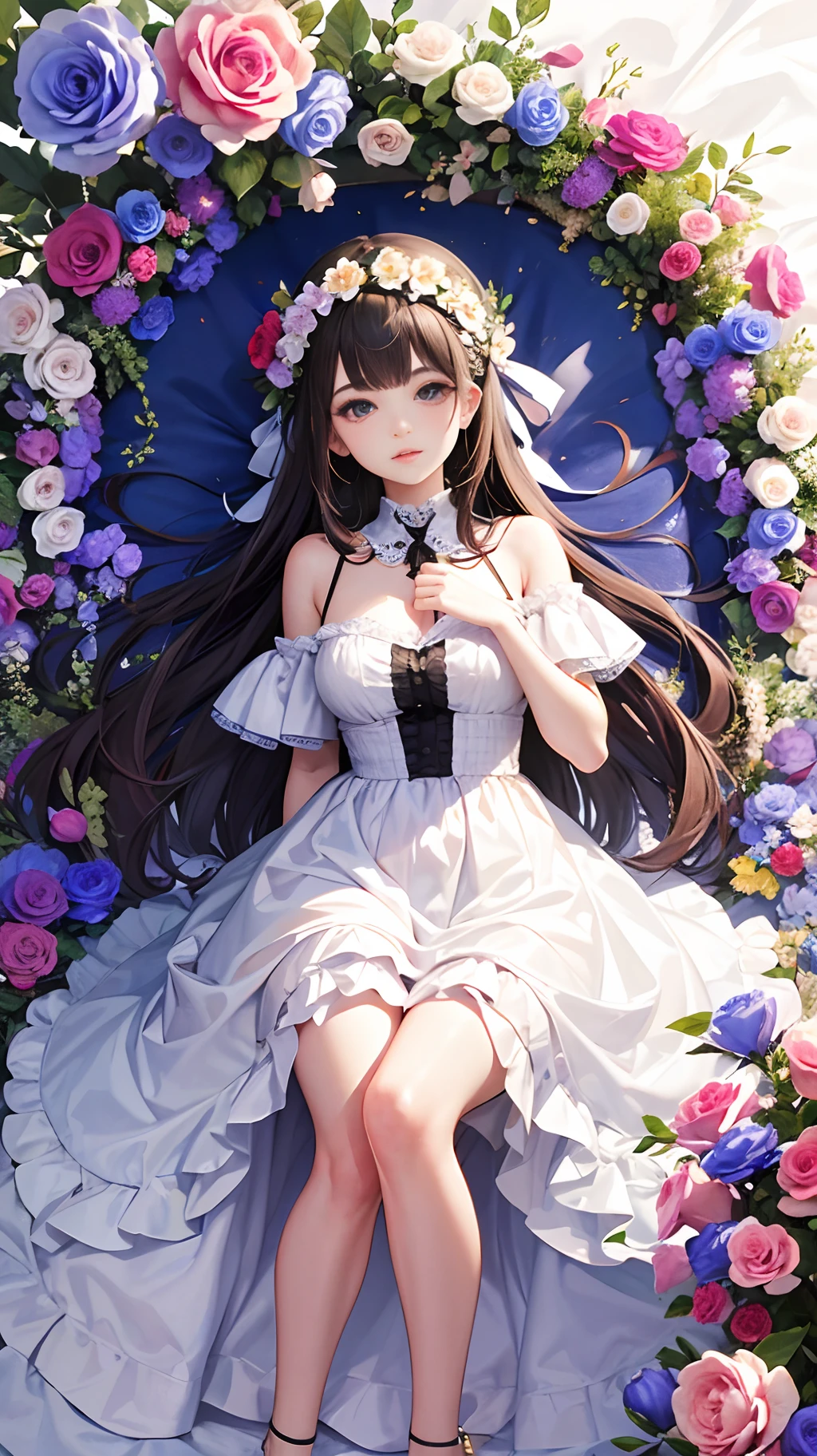 Highest quality,Highest Resolution,A girl in a white dress surrounded by roses,
