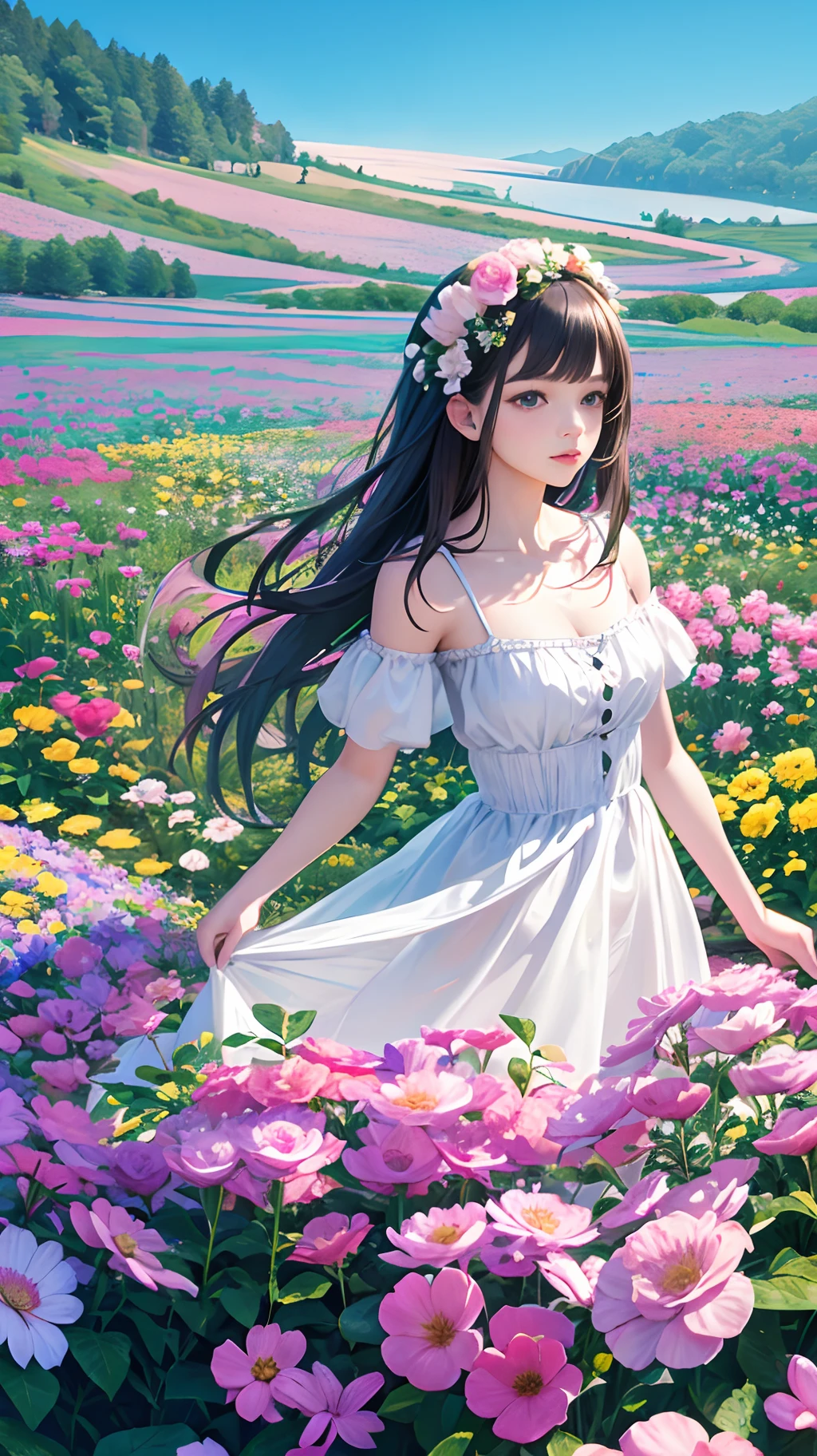flower  sea，girl，Real person 1：1，Amazing，plethora of colors，photography of