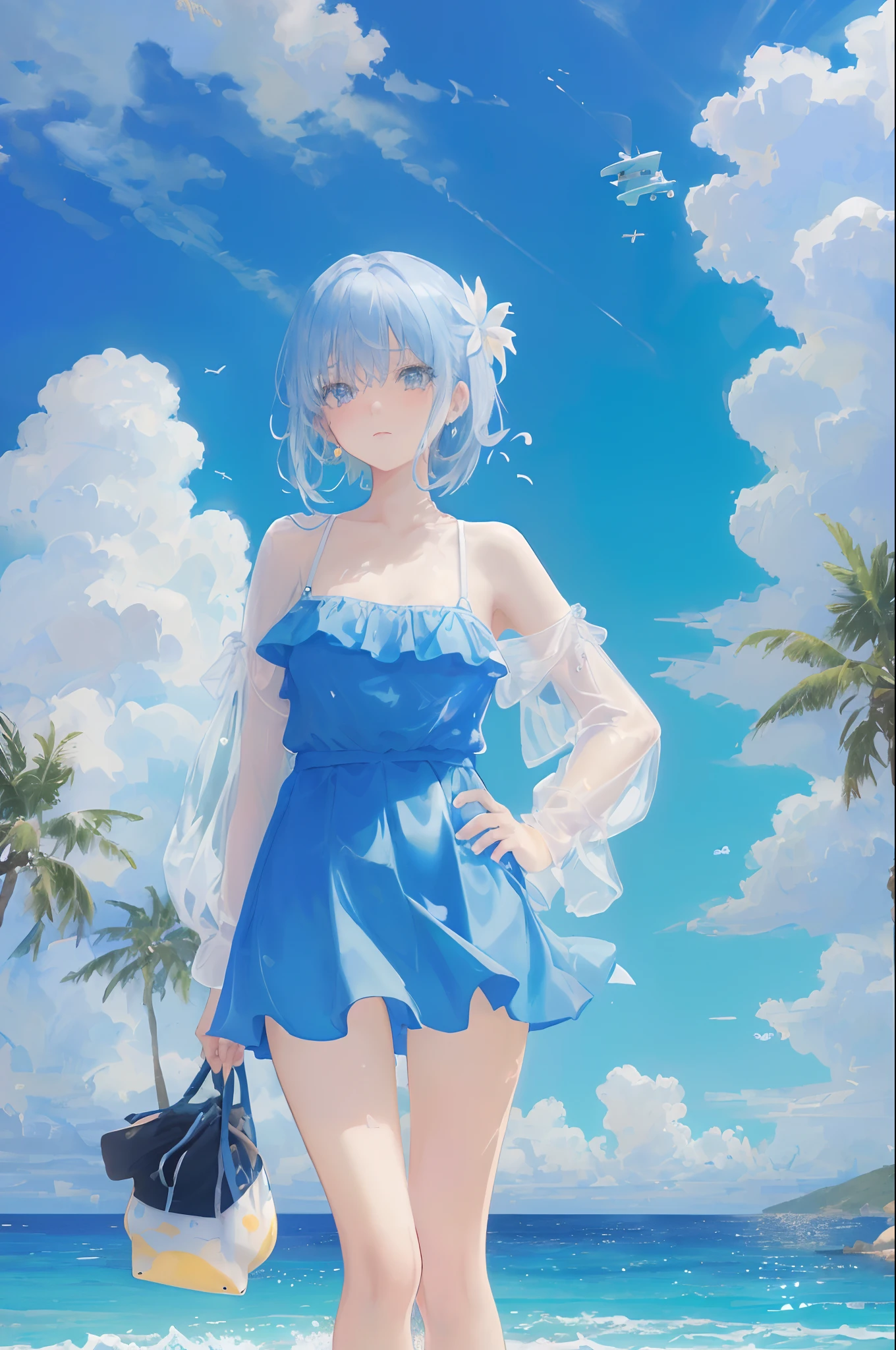 art par Cornflower, dream-like, (Une belle, Adolescent, Fille de style anime aux yeux bleus et aux longs, cheveux noirs, wearing a pale yellow, Brillant, long-sleeved, coffre ouvert, Long skirt swimsuit with a pink, blanc, et jaune, The heart rests with its hands on its hips, in front of a beach and a, Ciel bleu avec des nuages dedans, There are palm trees in the background on both sides of the image, And there are many blue and yellow fish swimming in the ocean, And there's a police helicopter with lights on it flying over the girl.)