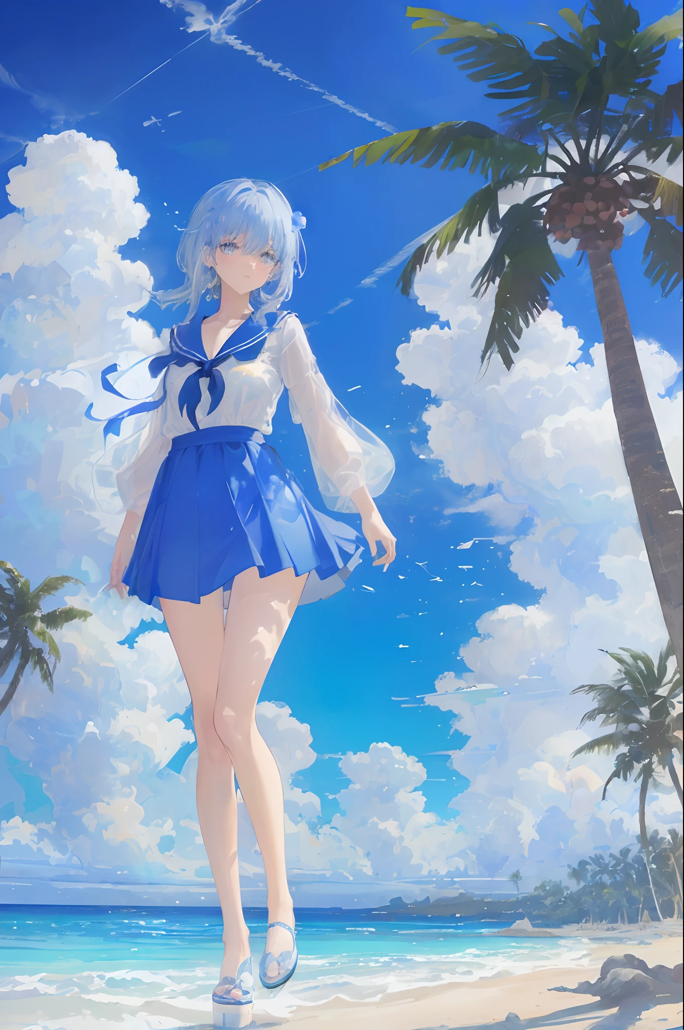 art par Cornflower, dream-like, (Une belle, Adolescent, Fille de style anime aux yeux bleus et aux longs, cheveux noirs, wearing a pale yellow, Brillant, long-sleeved, coffre ouvert, Long skirt swimsuit with a pink, blanc, et jaune, The heart rests with its hands on its hips, in front of a beach and a, Ciel bleu avec des nuages dedans, There are palm trees in the background on both sides of the image, And there are many blue and yellow fish swimming in the ocean, And there's a police helicopter with lights on it flying over the girl.)