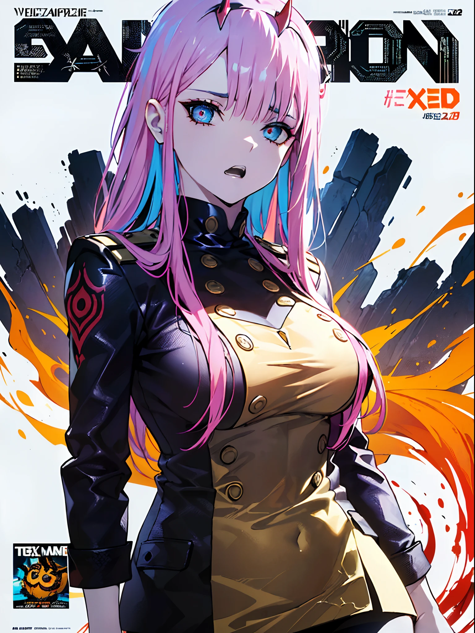 ((((Dramatic)))、(((gritty)))、(((vehement))), Zero Two, Movie poster featuring a young woman as the main character。She stands confidently in the center of the poster.、Wear stylish and edgy outfits、I have a determined look on my face。The background is dark and rough、Makes you feel danger and strength。Text is bold and attention-grabbing、Has a catchy tagline that adds to the overall sense of drama and excitement。The color palette is predominantly dark、There are splashes of bright colors、It gives the poster a dynamic and visually striking look。
(magazine:1.3), (cover-style:1.3), Fashionable, femele, with a vibrant, outfits, the pose, the front, Colorful, Dynamic, Background with, element, I'm confident, expresive, ngel, statement, accessorized, An majestic, coiled, surroundings, Touch, The scene, Texto, covers, It's bold, captures the attention, Titles, Stylish, Font, Catchy, headline, The large, Impressive, moderno, Trendy, Focus, lo fashion,Vivid eyes