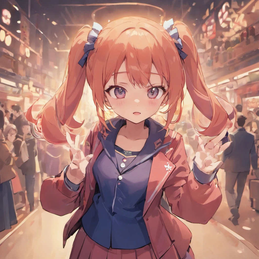 Very cute chibi anime girl, Mini Characters、Solo, Simple background, Beautiful twin tails 、 Pretty girl、Cute Chibi、 Dark blue blazer, Pink skirt、High School Uniform, Full body ,I'm insanely surprised、 I was very surprised.、Highly detailed face and eyes, The contours are clear、I put my hand on my cheek and was surprised.(Oh My Gar)