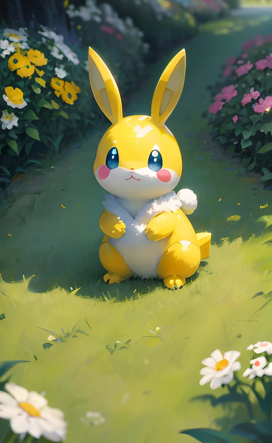 sugimori ken \(style\), Pokemon Electric, rabbit, yellow, (masterpiece), High Quality, bestquality, high-res, ultra-detail, outdoor, grass