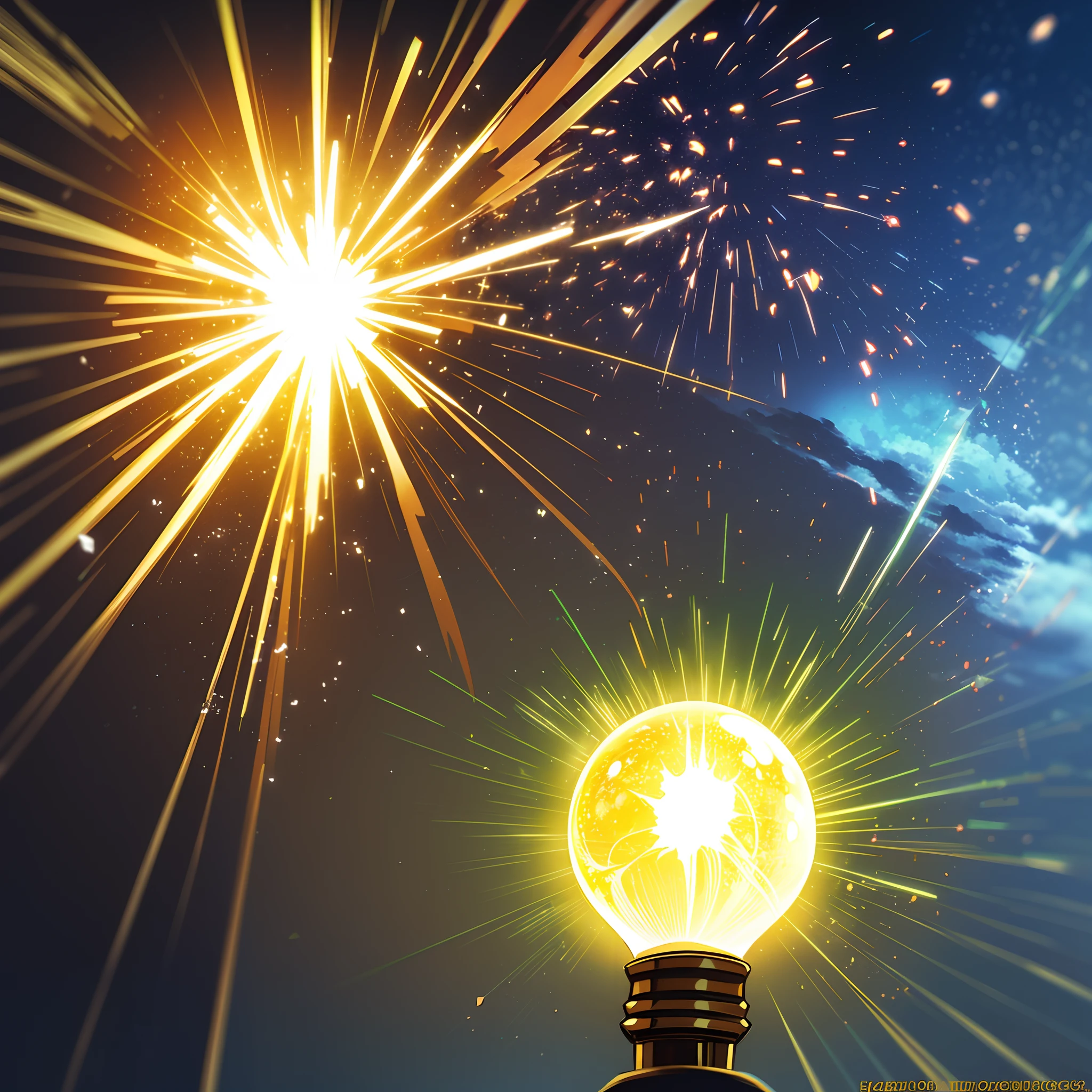 light bulb, explosion of brilliant light bursts from the light bulb, enlightenment, new idea, vivid colours, epic fantasy, joy