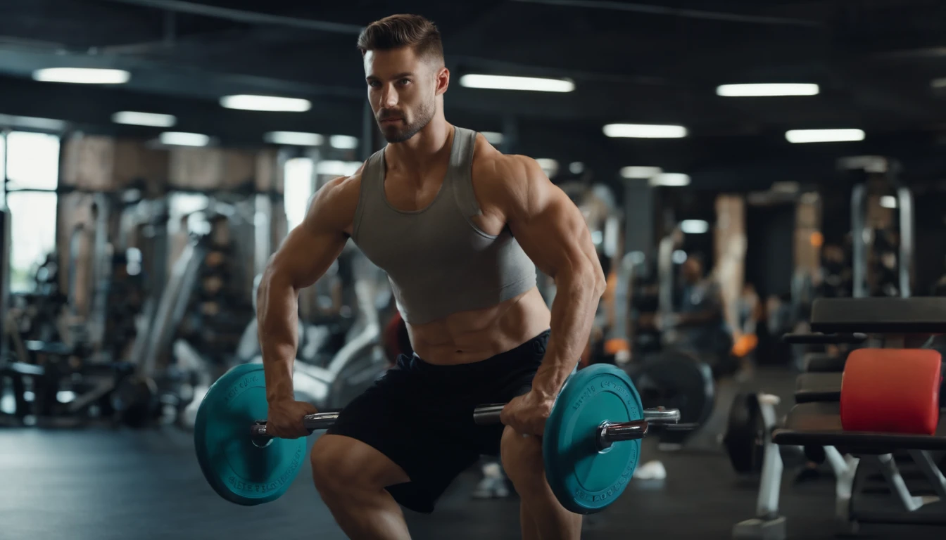 A handsome adult boy in gym with dumbbells in one hand in fitness wearing clothes,There are people working out together,Realisticstyle
