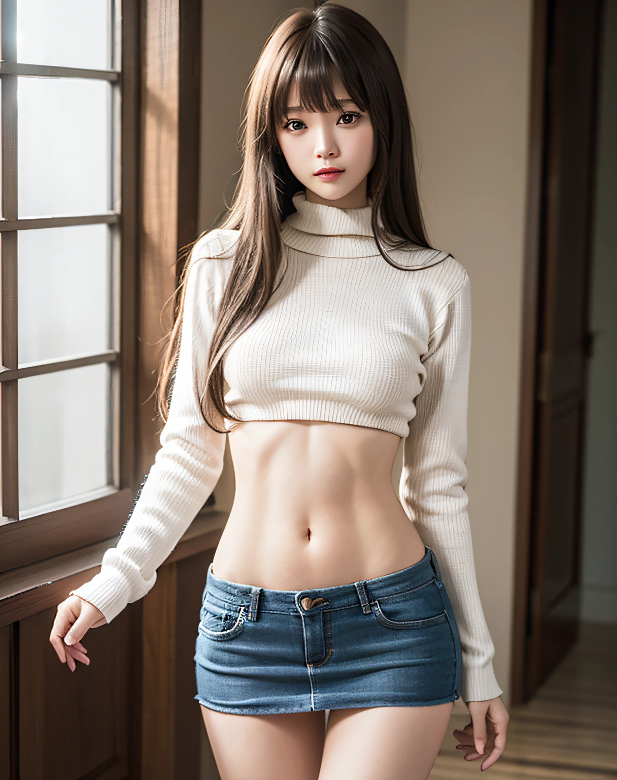 a miniskirt、longsl-sleeves sweater、A slender、is standing、Navel Ejection、zydG, 1girl in, More skin, toView, Brown-eyed, (Long hair with bangs:1.2), (middlebreasts:1.0), (medium areolae:0.8), (Photorealsitic:1.4), (Top image quality:1.0), (超A high resolution:1.0), 8K, Raw photography, (​masterpiece:0.2), (pureerosface_v1:0.5)