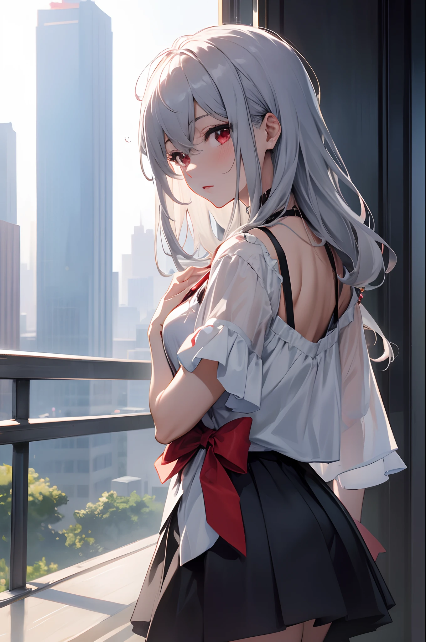 best quality,masterpiece,1girl,silver hair,disheveled hair,curly_hair,shirt,skirt,kawaisou,JK,red_bow,watchi,necklace,cityscape,8k raw photo,ultra high res,highest detailed,intricate,8k,HDR,