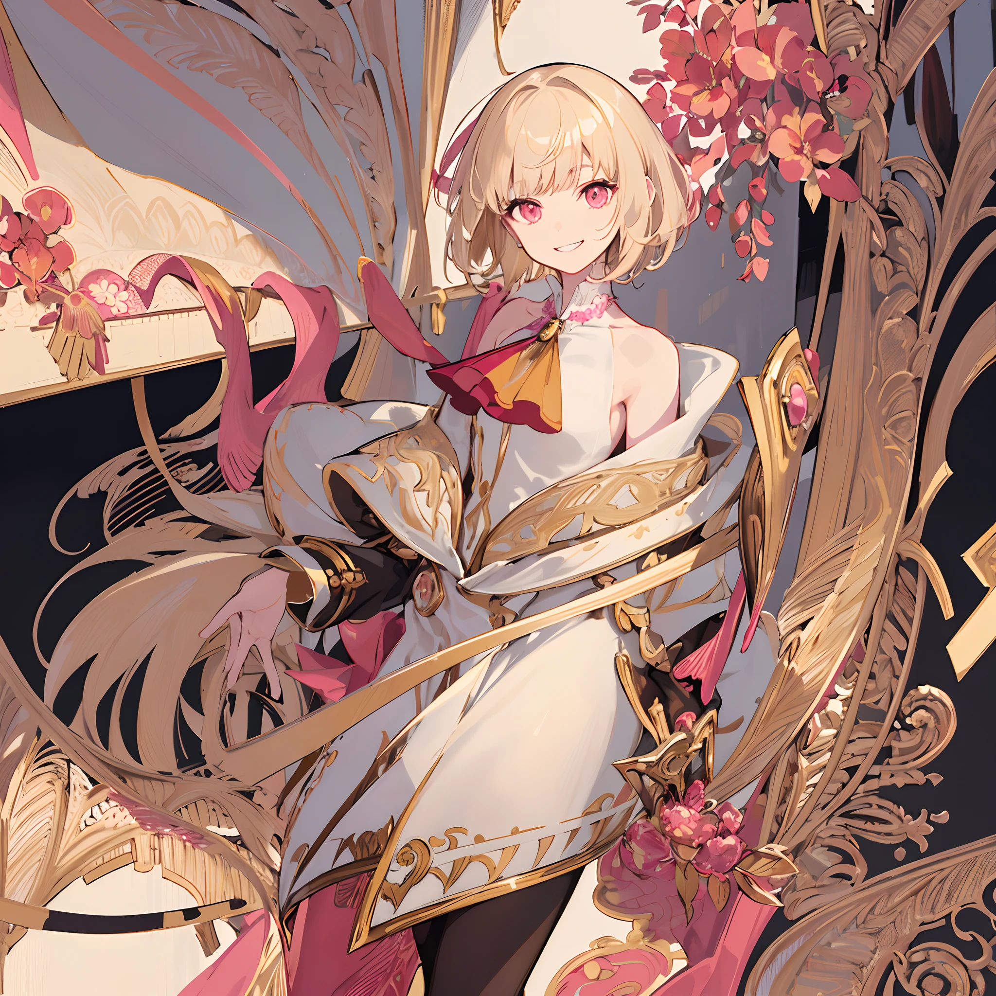 young man, (((male))), (((man))), (((one person))), single, solo, (((very light blonde hair))), (((pink colored eyes))), (medium short hair), (chin-length hair), wavy hair, slim body, ((flat chest)), (((wearing fantasy clothes))), ((fantasy style)), ((wearing flowers in his hair)), flowercrown, ((pointy ears)), sunny weather, (((light pink colored eyes))), smooth skin