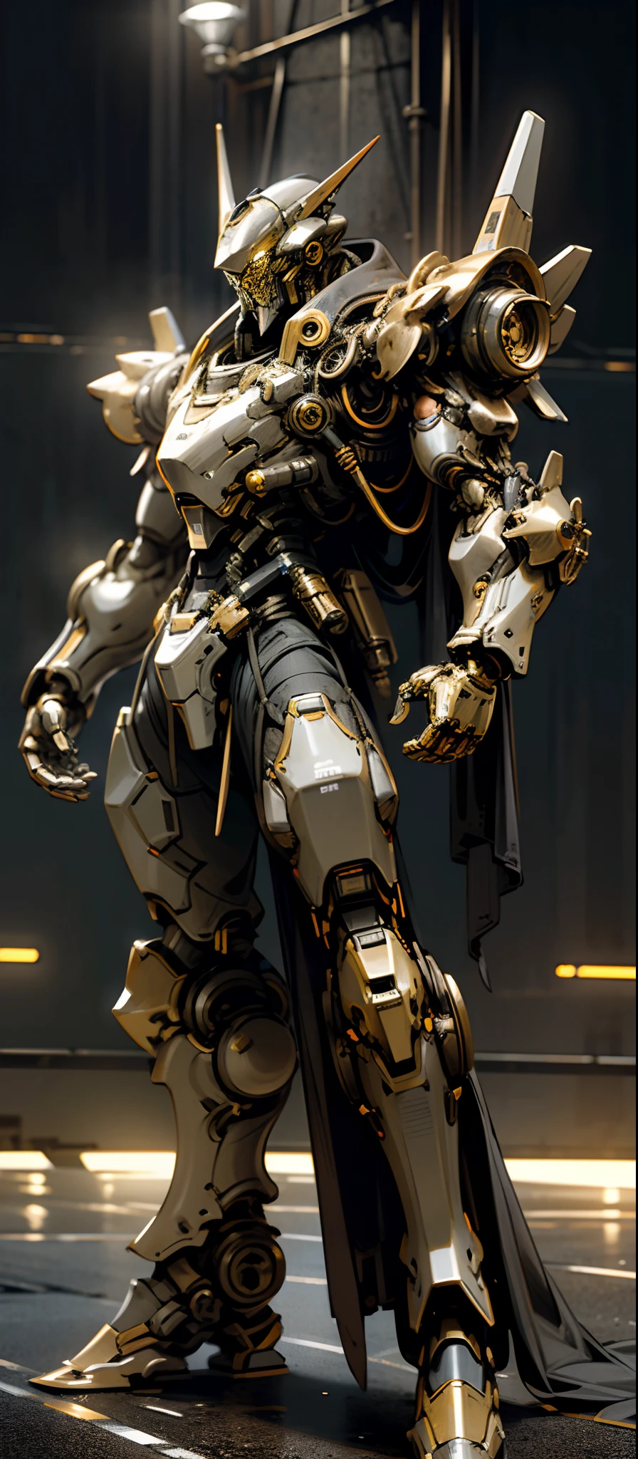 Dark_Fantasy,Cyberpunk,(black and gold armor:1.1),1man,Mechanical marvel,Robotic presence,Cybernetic guardian, wearing a worn-out mech suit, intricate, (steel metal [rusty]), elegant, clear focus, soft lighting, vibrant colors, masterpiece, ((night street)), dynamic pose, glowing armor
