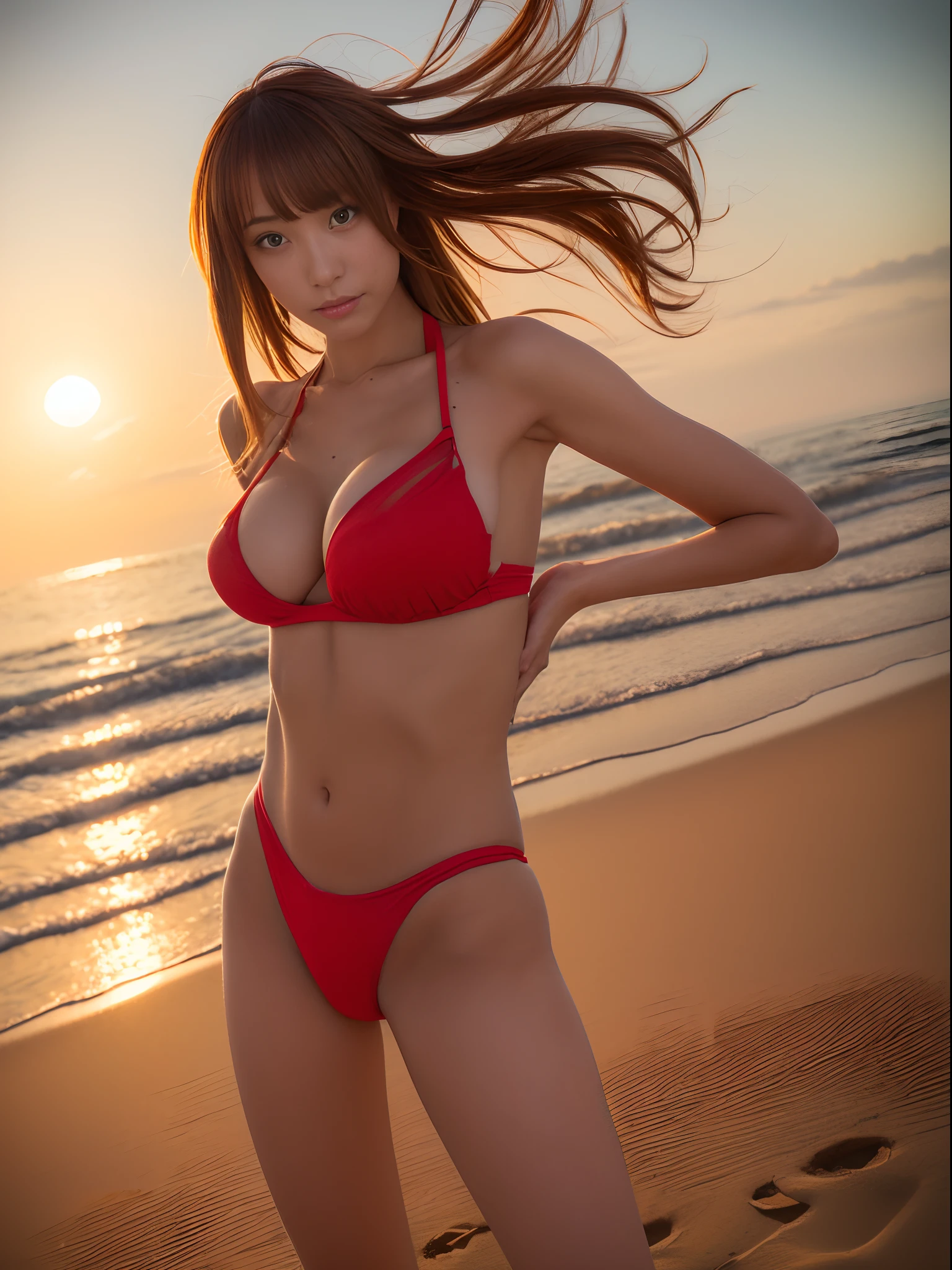masutepiece、Top Professional Photographers、profetional lighting、Top Professional Photography Staff、独奏、japanes、A sexy、gals、Popular gravure idols(Existing 1.4)、Colossal tits(1.2)、see through bikini(Red)、highleg(1.4)、Feminine sexy pose on sandy beach with sunset