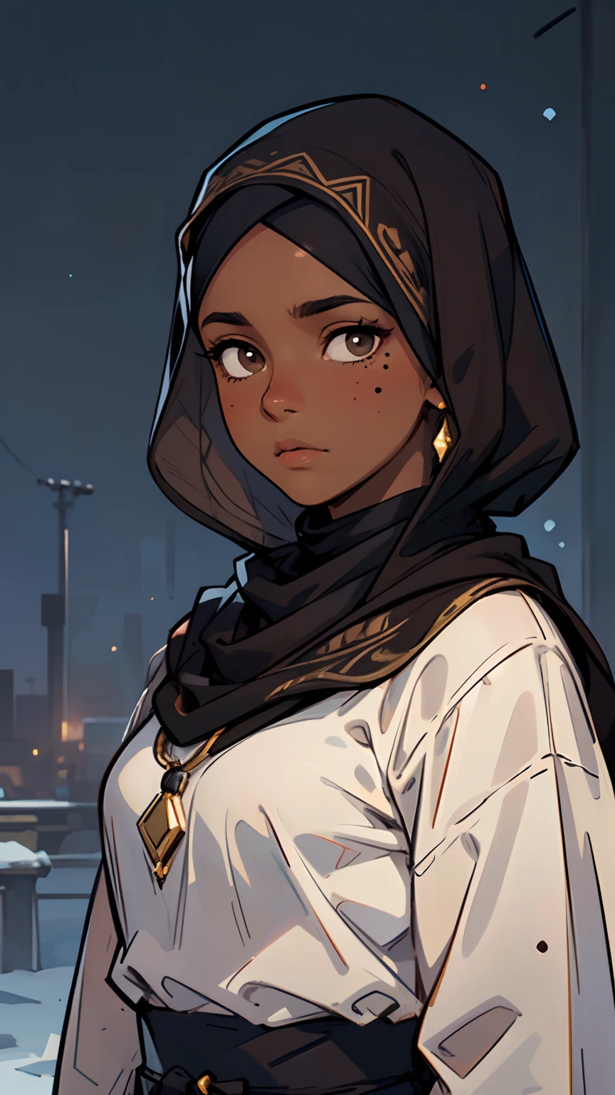 1 girl, (dark brown skin tone:1.4), very short hair, black eyes colour, mole down the right eye, Muslim clothes, hijab, Cold expression, depressed, dominant aura, (high quality, masterpiece, extremely detailed:1.2), (Realistic, photorealistic:1.2)