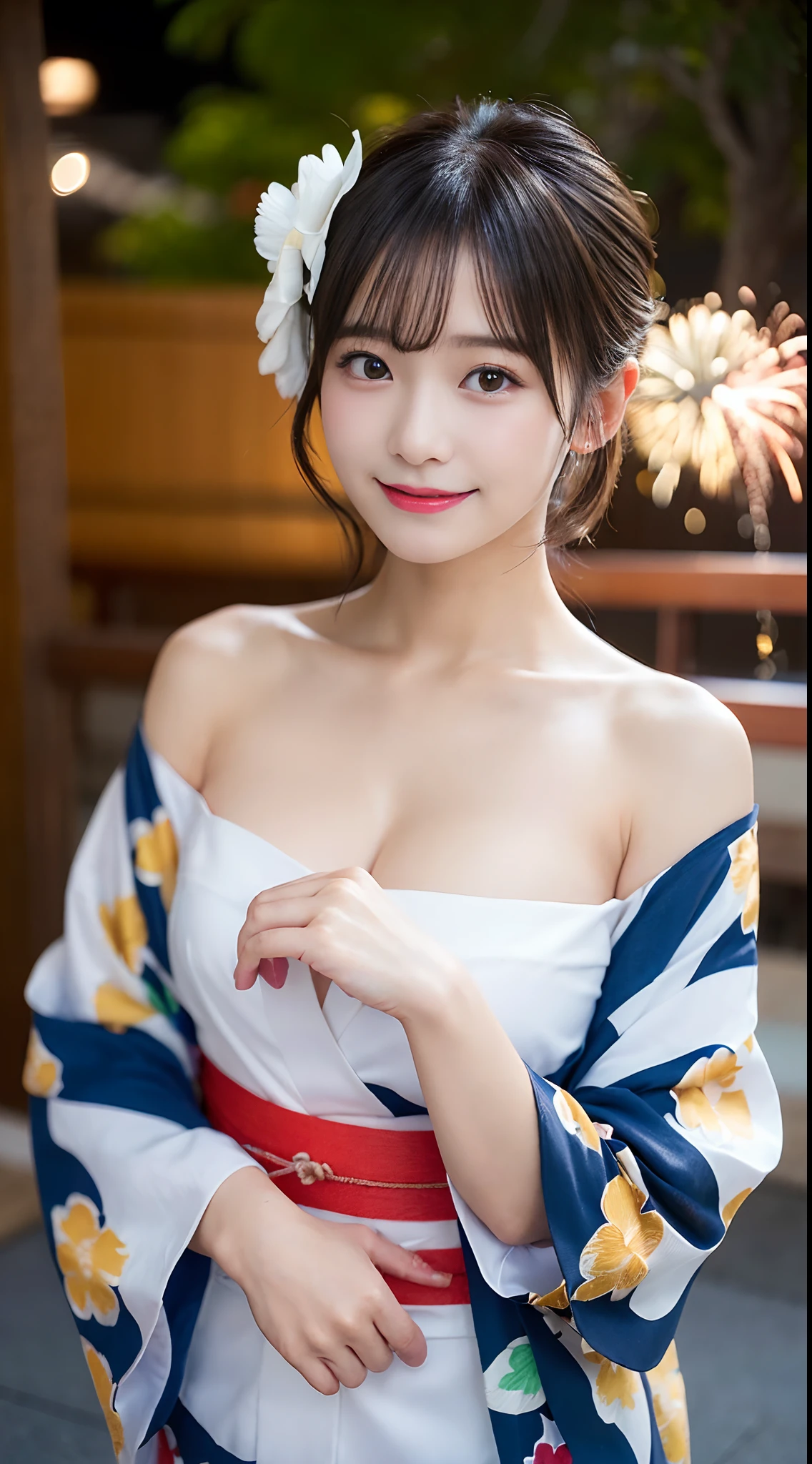 ((top-quality、​masterpiece:1.2、8K、portlate、Reality Photography、Beautiful bright dimming))、(((Bewitching beautiful adult woman)))、((cone hair bun、F-cup、Japan kimono))、(shores、Fireworks are going off)((Big smile))、The whole body is reflected、(posterior view、Turning around、Looking at the camera)