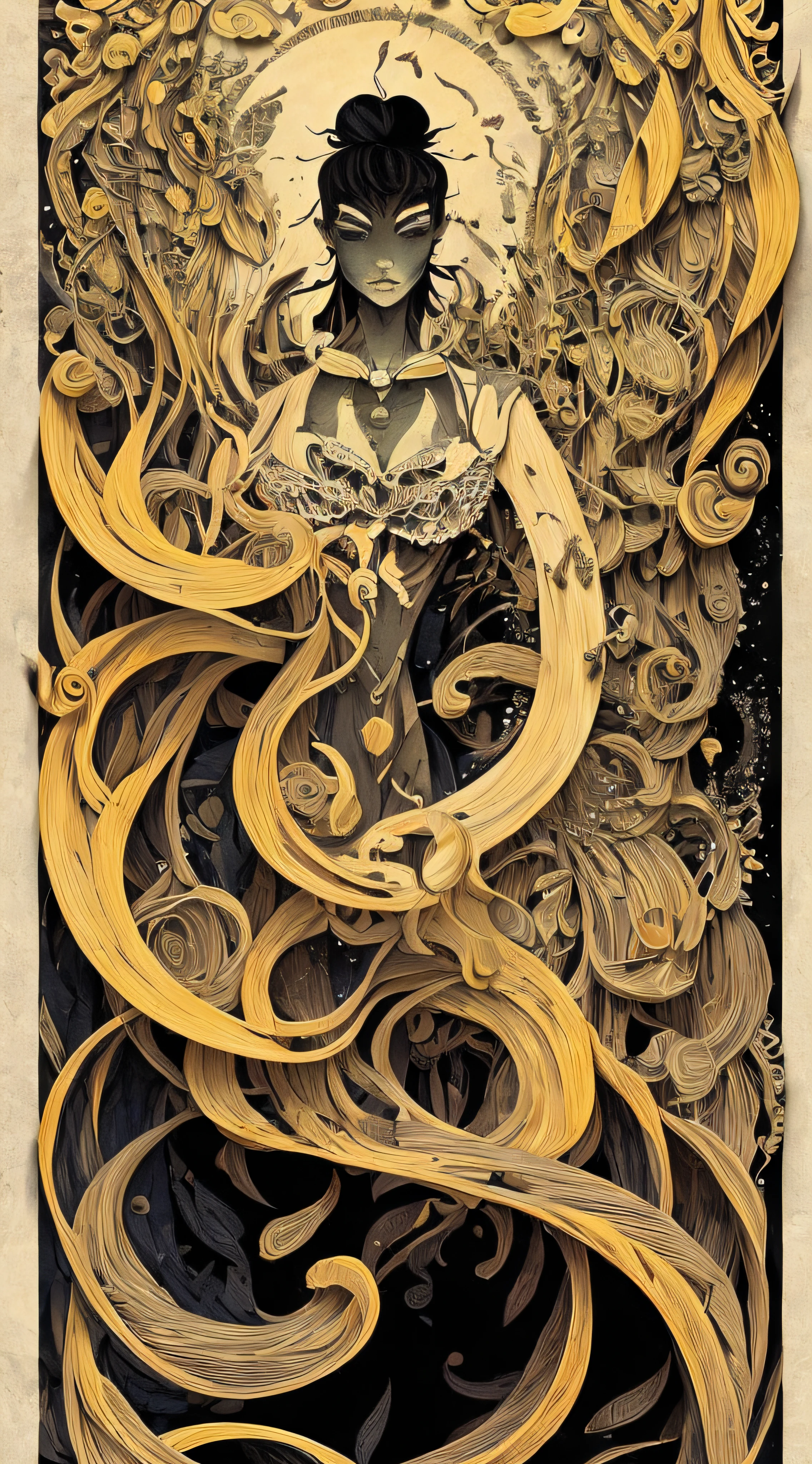 papercut, an image of person with her arms down. , in the style of dan mumford, kilian eng, whimsical and fantastical elements, yumihiko amano, swirling vortexes, celestial, delicate coloring