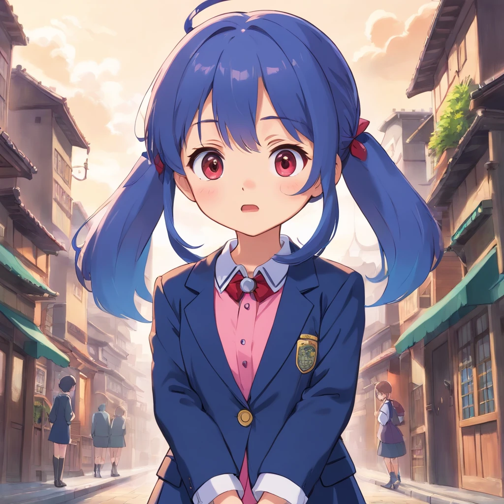 Very cute chibi anime girl, Mini Characters、Solo, Simple background, Beautiful twin tails 、 Pretty girl、Cute Chibi、 Dark blue blazer, Pink skirt、High School Uniform, Full body ,I'm insanely surprised、 I was very surprised.、Highly detailed face and eyes, The contours are clear、I put my hand on my cheek and was surprised.(Oh My Gar)