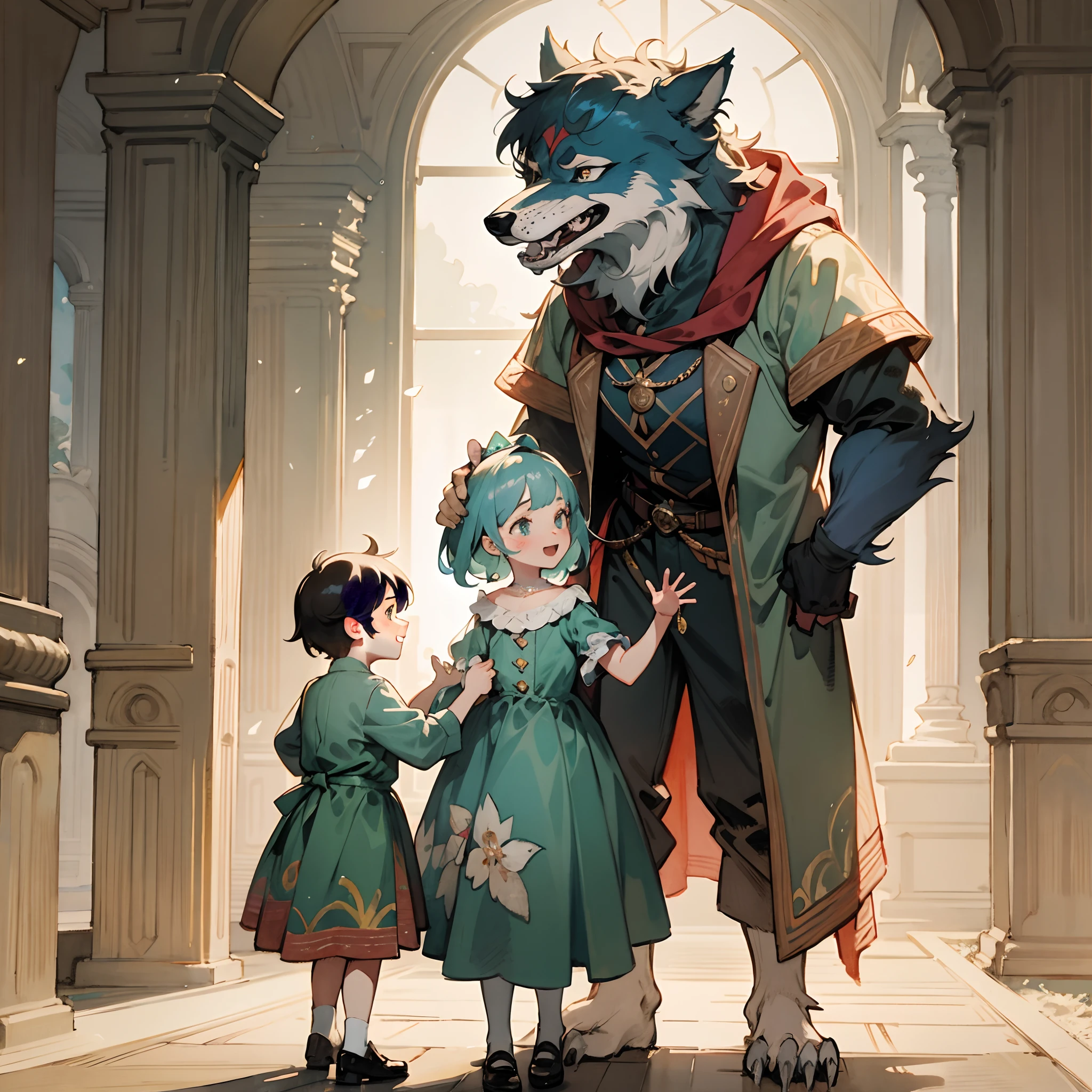 watercolor, soft color, Vintage images, highres, unparalleled masterpiece, absurdres, love story of human  girl and giant Werewolf, love romance, The princess and the prince, family photograph, pair, Height difference, Physical difference, perfect anatomy, smile, joyful, play with, smile, happy, watercolor,