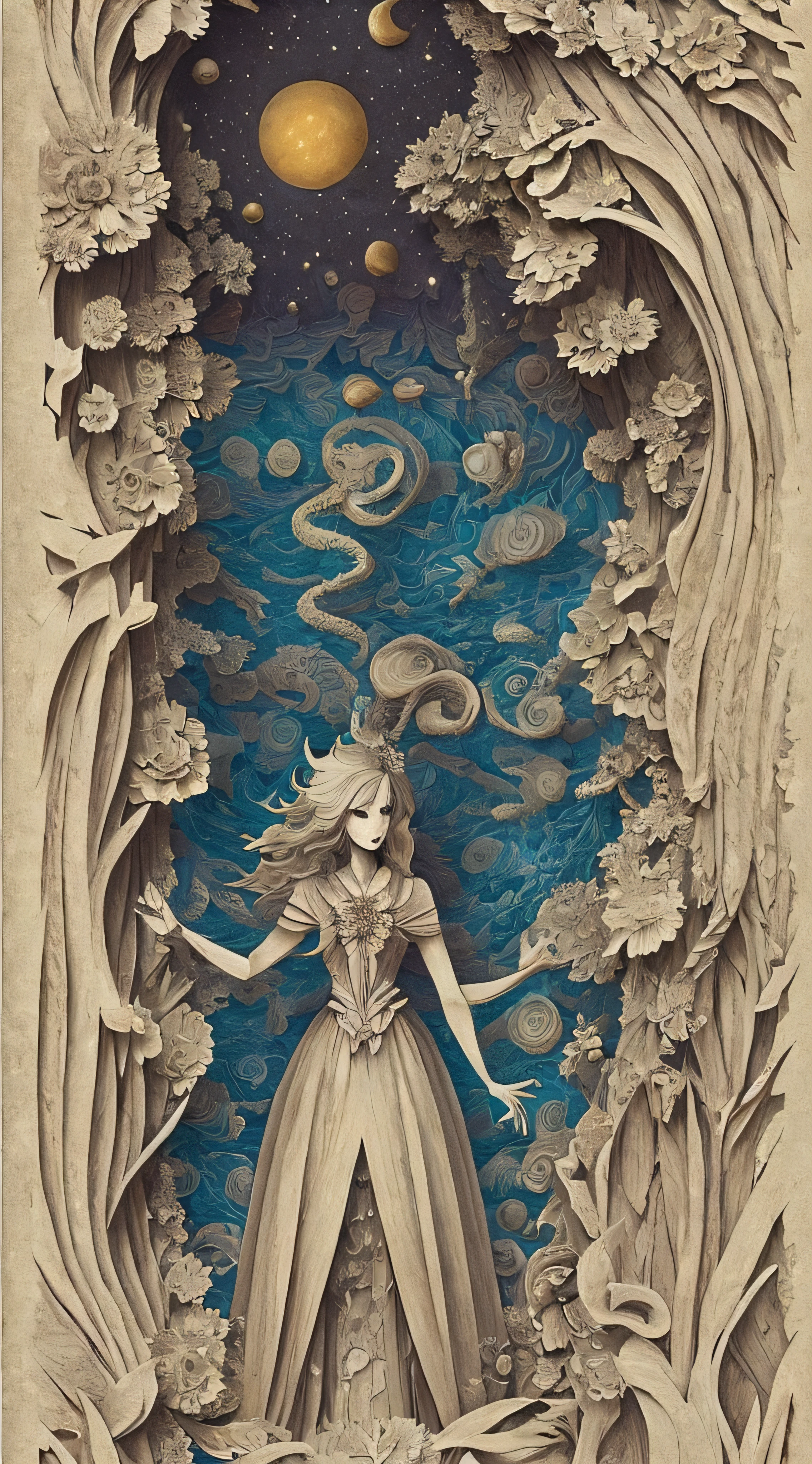 papercut, an image of person with her arms down. , in the style of dan mumford, kilian eng, whimsical and fantastical elements, yumihiko amano, swirling vortexes, celestial, delicate coloring