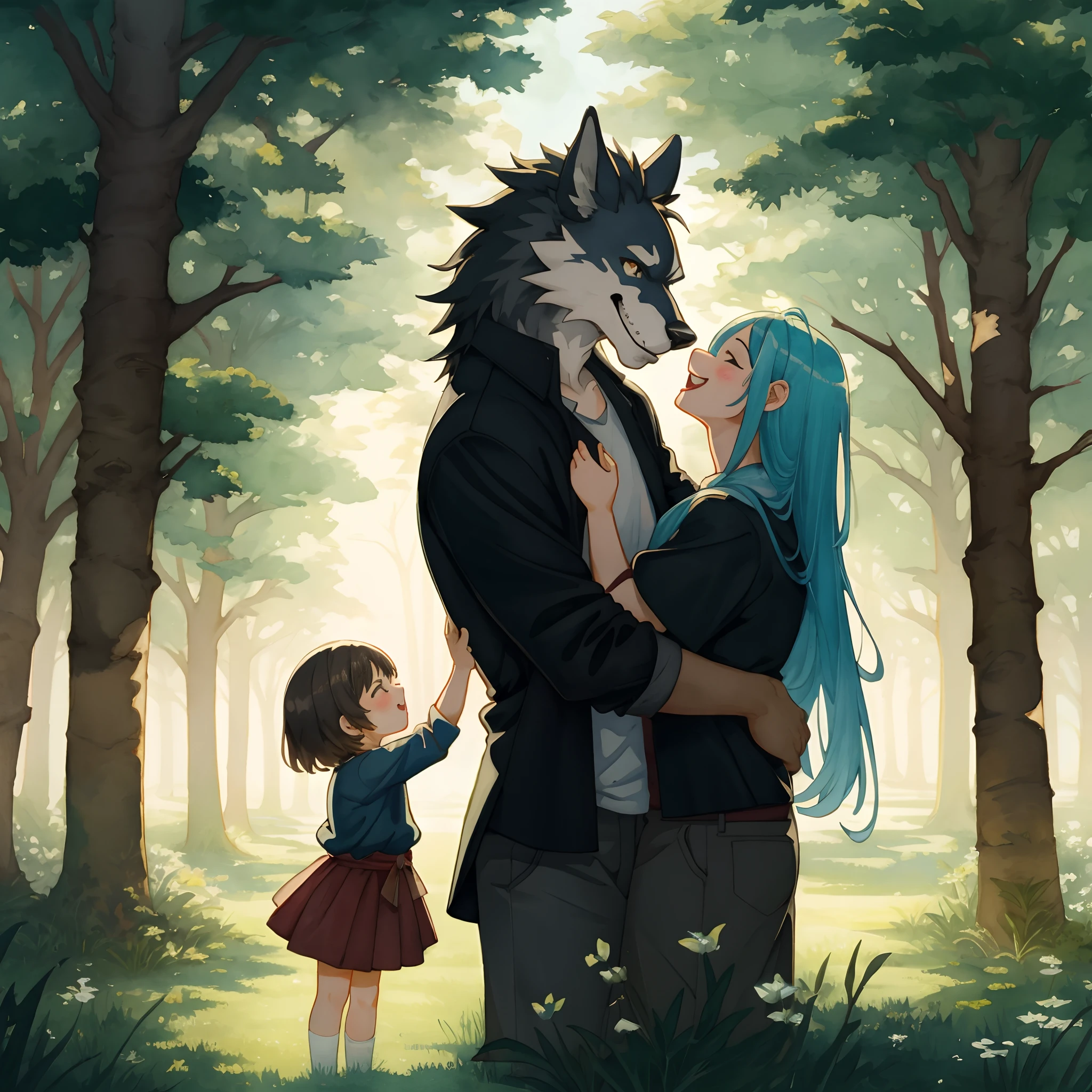 watercolor, soft color, Vintage images, highres, unparalleled masterpiece, absurdres, love story of human  girl and giant Werewolf, love romance, Detectives and assistants, family photograph, pair, Height difference, Physical difference, perfect anatomy, smile, joyful, play with, smile, happy, watercolor,