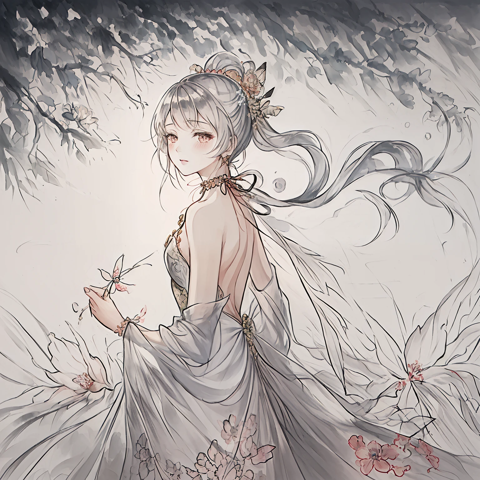 (((masterpiece))),(((best quality))),((ultra-detailed)), ((illustration)),floating, ((an extremely delicate and beautiful)),(beautiful detailed eyes),((disheveled hair)), (painting),(sketch), 1girl, small_breasts,((neck)),(((back))),(looking back), blush,dhalter dress, sliver hair,backless dress