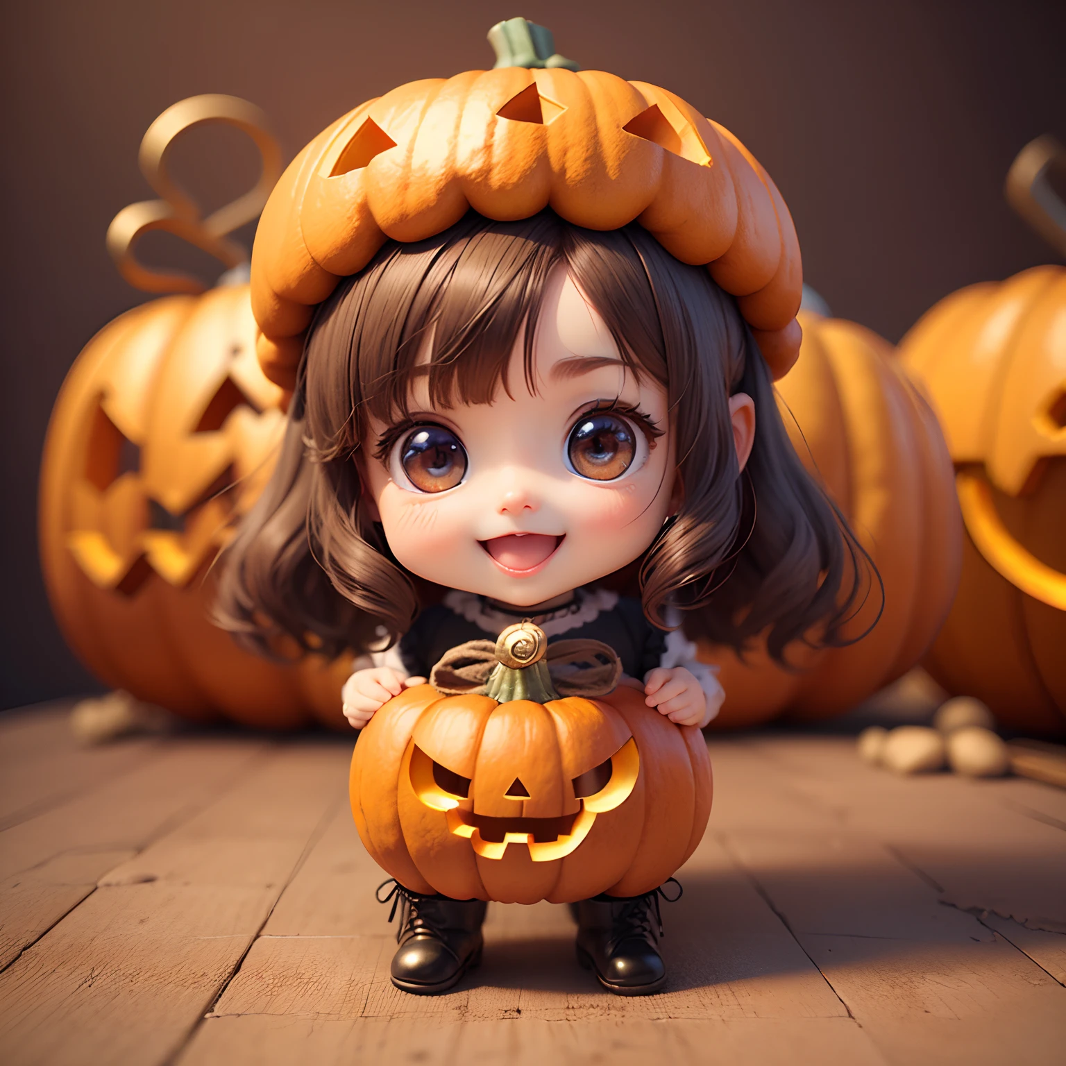 Cute Baby Chibi Anime、(((chibi3d))) (best quality), (masterpiece)、Chibi pumpkin、Put the pumpkin on your head、Pumpkin lantern ornament、Open your mouth and smile、Small face、petite body、a baby face、Jewelry Decoration Costumes、Pumpkin ornament boots、Standing、