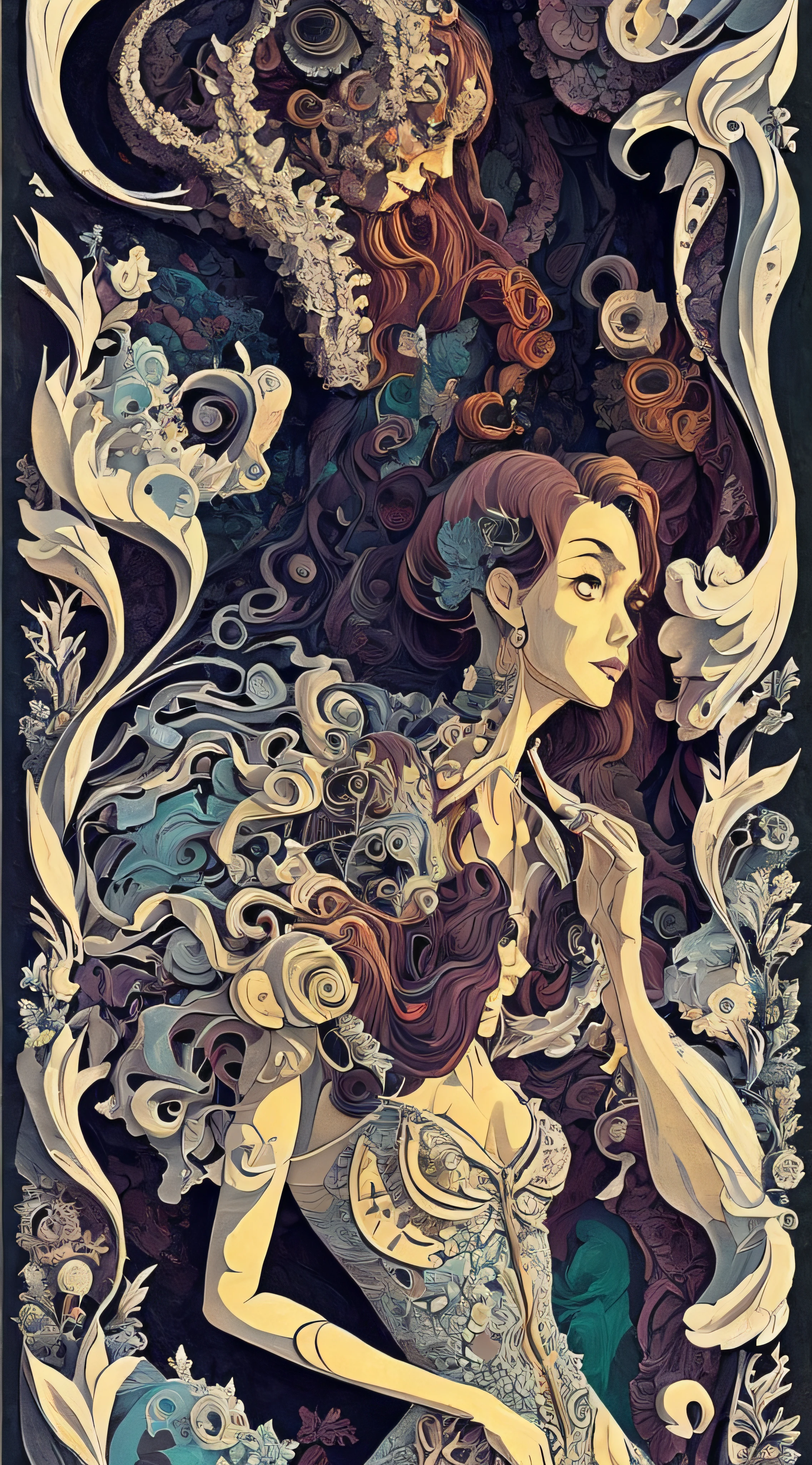 papercut, an image of person with her arms down. , in the style of dan mumford, kilian eng, whimsical and fantastical elements, yumihiko amano, swirling vortexes, celestial, delicate coloring