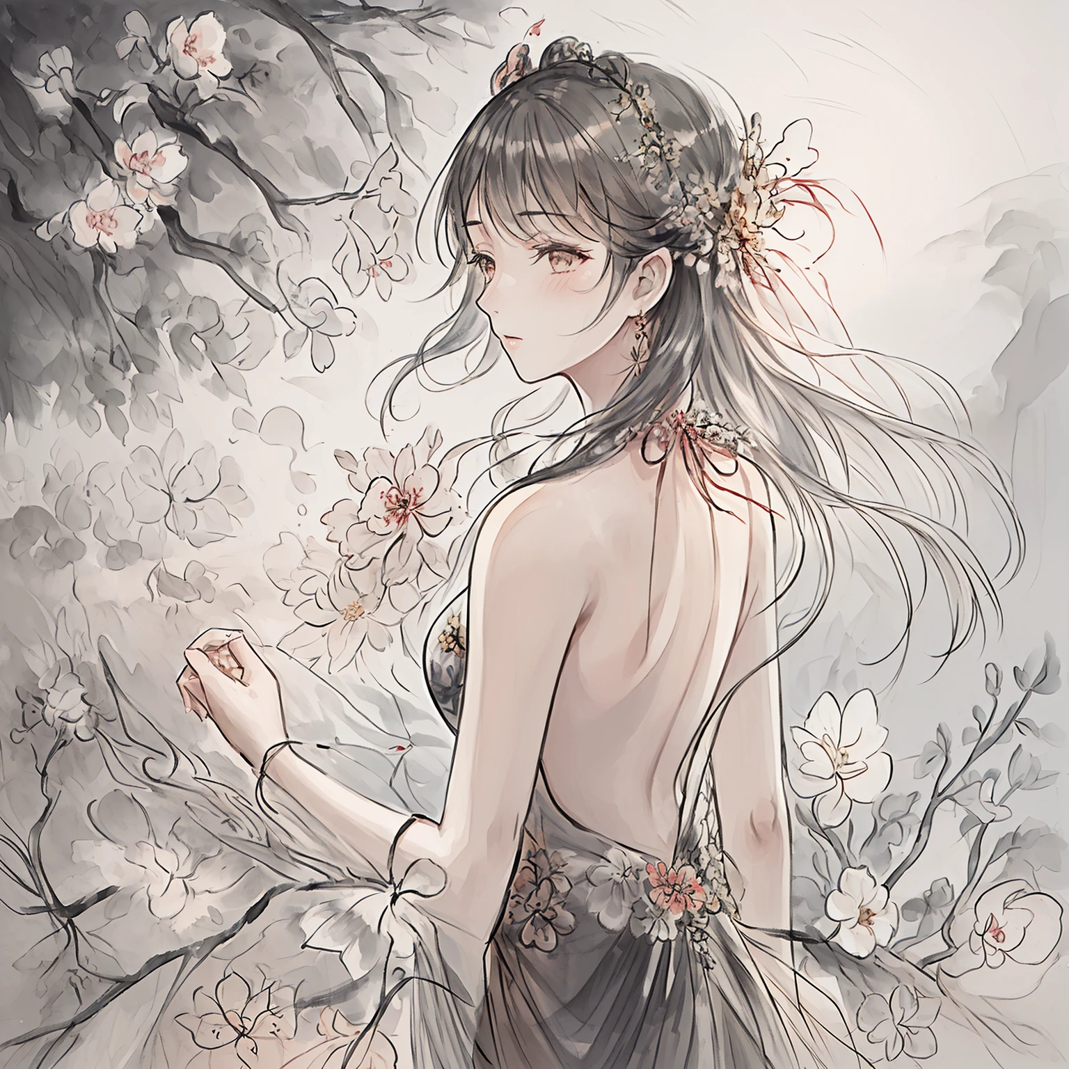 (((masterpiece))),(((best quality))),((ultra-detailed)), ((illustration)),floating, ((an extremely delicate and beautiful)),(beautiful detailed eyes),((disheveled hair)), (painting),(sketch), 1girl, small_breasts,((neck)),(((back))),(looking back), blush,dhalter dress, sliver hair,backless dress