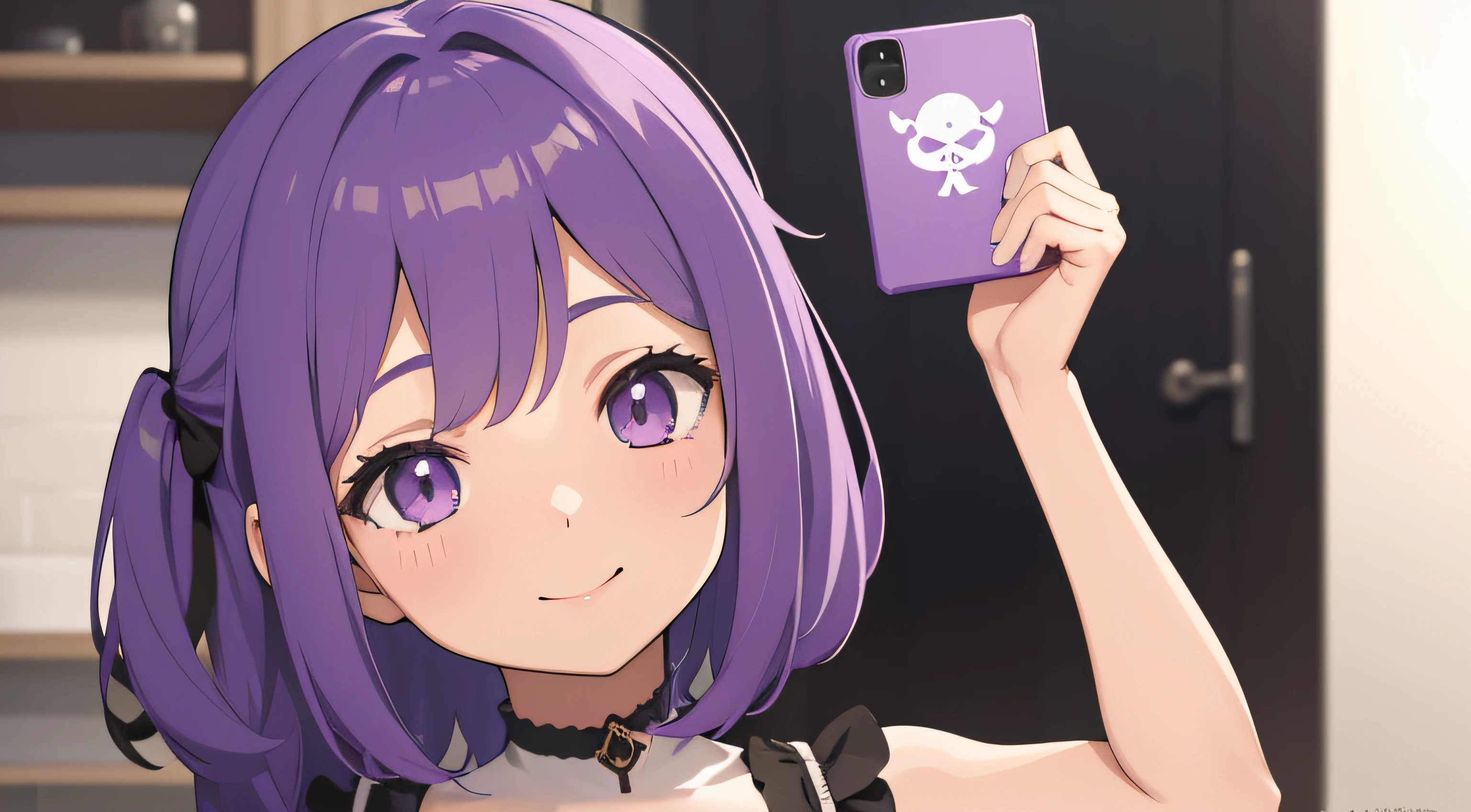 (obra prima) (detalhado) (ultrarrealista | | |) Anime menina linda posando pra selfie, foto perfil, sorrindo, holding a square paper in his hand of purple color