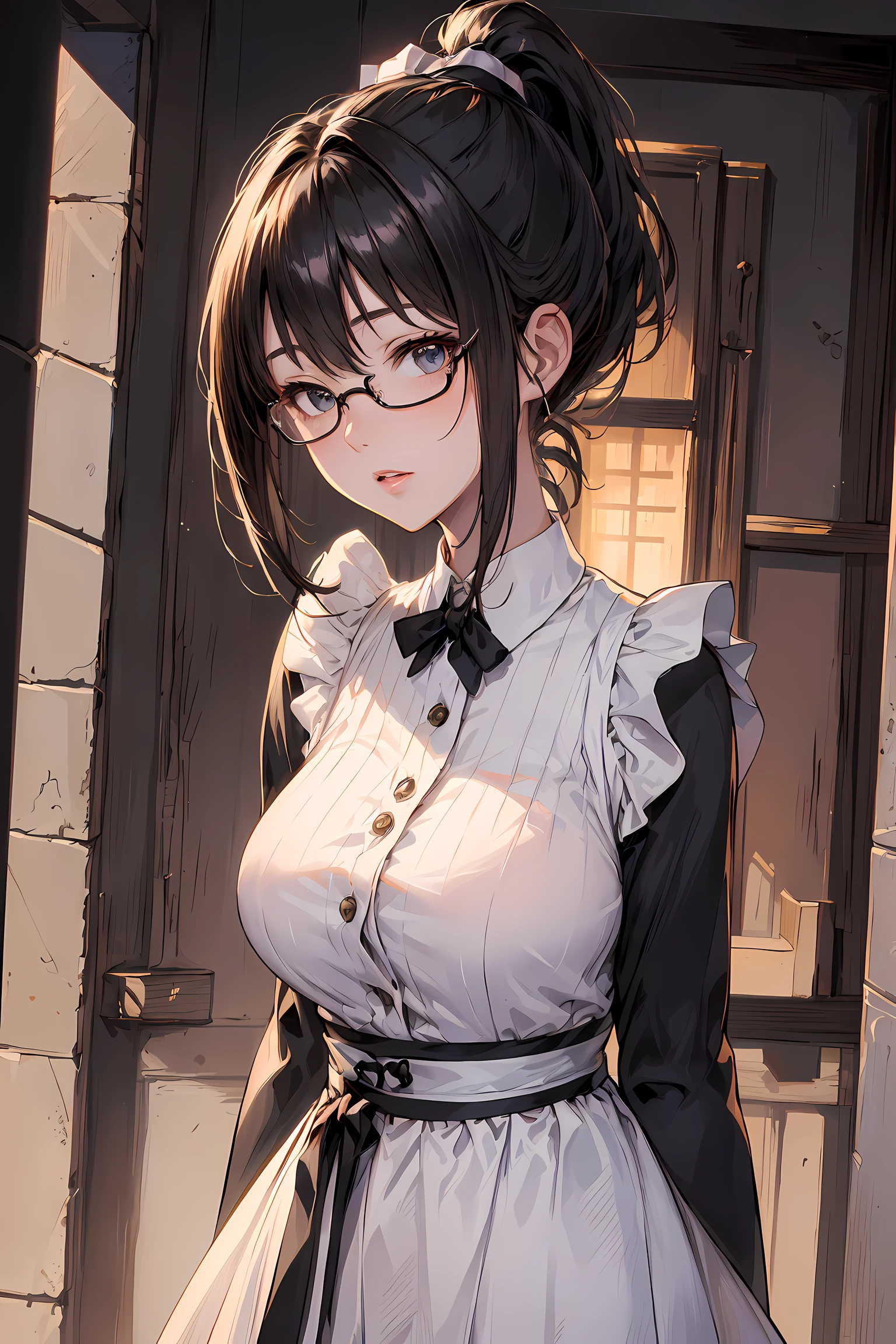 (1glasses girl:1.3, solo), (Audrey Hepburn:1.3), (a extremely pretty and beautiful Japanese woman), (sexy girl), (professional attire:1.3), (22 years old: 1.1), (from below:1.3), (low angle:1.3), (ground level shot:1.3), (girl on top:1.3), (arms behind back between legs:1.3), (attractive random posing:1.3), (in the queen's room:1.3), (look down:1.3), (starring at you:1.3), (front view:1.3), break, (ponytail:1.3), (shiny-black thin hair:1.2), bangs, dark brown eyes, beautiful eyes, princess eyes, (big eyes:1.3), bangs, wearing a glasses:1.3, Hair between eyes, short hair:1.3, (slender:1.1), (small-medium-breasts:0.95), (thin waist: 1.15), (detailed beautiful girl: 1.4), Parted lips, Red lips, full-make-up face, (shiny skin), ((Perfect Female Body)), (upper body image:1.3), Perfect Anatomy, Perfect Proportions, (most beautiful Korean actress face:1.3, extremely cute and beautiful Japanese actress face:1.3), BREAK, (View viewer, wearing a embroidery frills sexy maid uniform, (insanely detailed classical maid outfit:1.3), (white collared shirt:1.3, long-sleeve:1.3), (white apron:1.3), (black high-waist-jumper-skirt:1.3), detailed clothes, BREAK, (detailed classy queen's room background:1.2), (dark background), (Studio soft lighting: 1.3), (fake lights: 1.3), (backlight: 1.3), BREAK, (Realistic, Photorealistic: 1.37), (Masterpiece, Best Quality: 1.2), (Ultra High Resolution: 1.2), (RAW Photo: 1.2), (Sharp Focus: 1.3), (Face Focus: 1.2), (Ultra Detailed CG Unified 8k Wallpaper: 1.2), (Beautiful Skin: 1.2), (pale Skin: 1.3), (Hyper Sharp Focus: 1.5), (Ultra Sharp Focus: 1.5), (Beautiful pretty face: 1.3), (super detailed background, detail background: 1.3), Ultra Realistic Photo, Hyper Sharp Image, Hyper Detail Image,