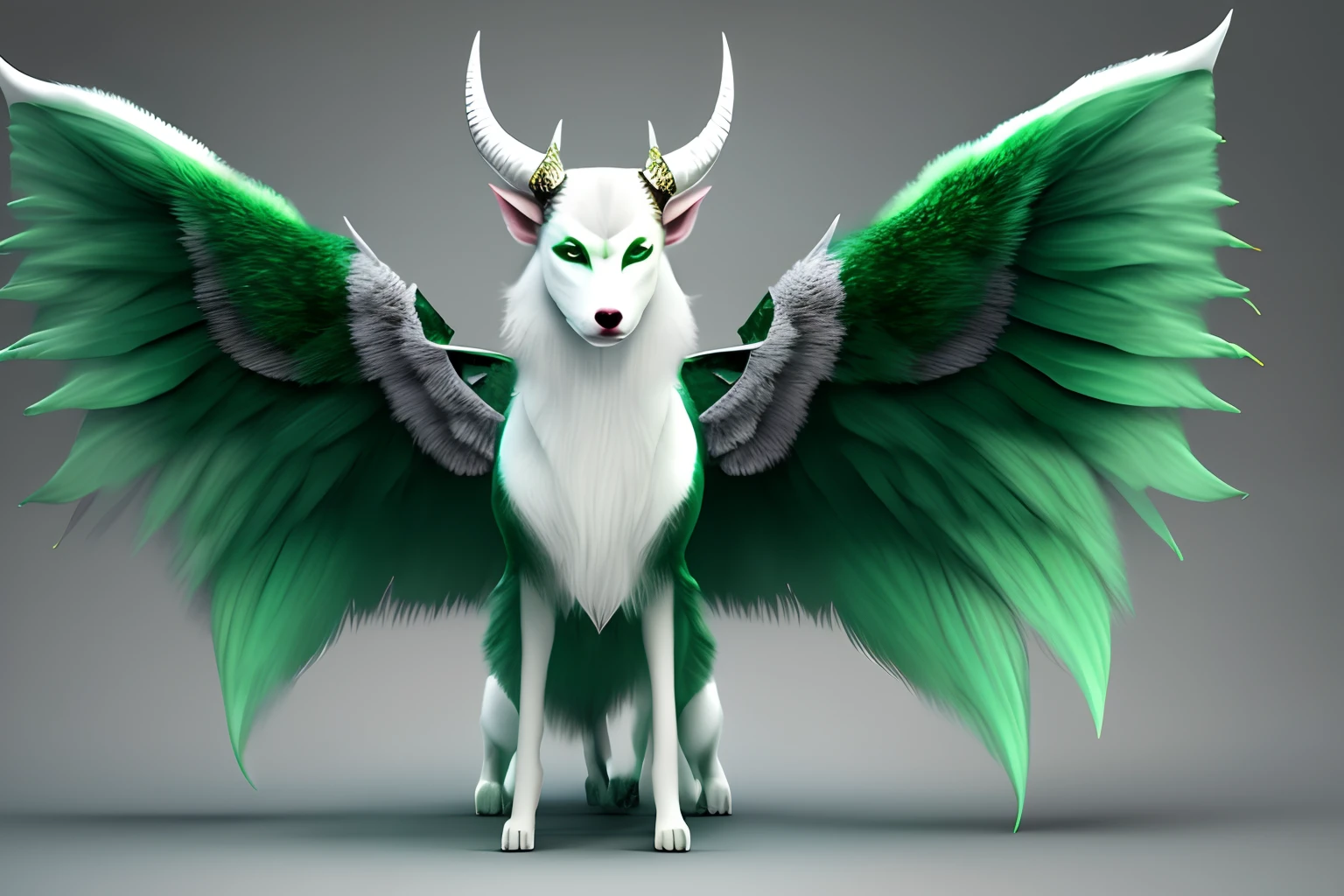 magical cute beast ,4 legs, winged , 4 horns on head, green fur , white skin ,white background