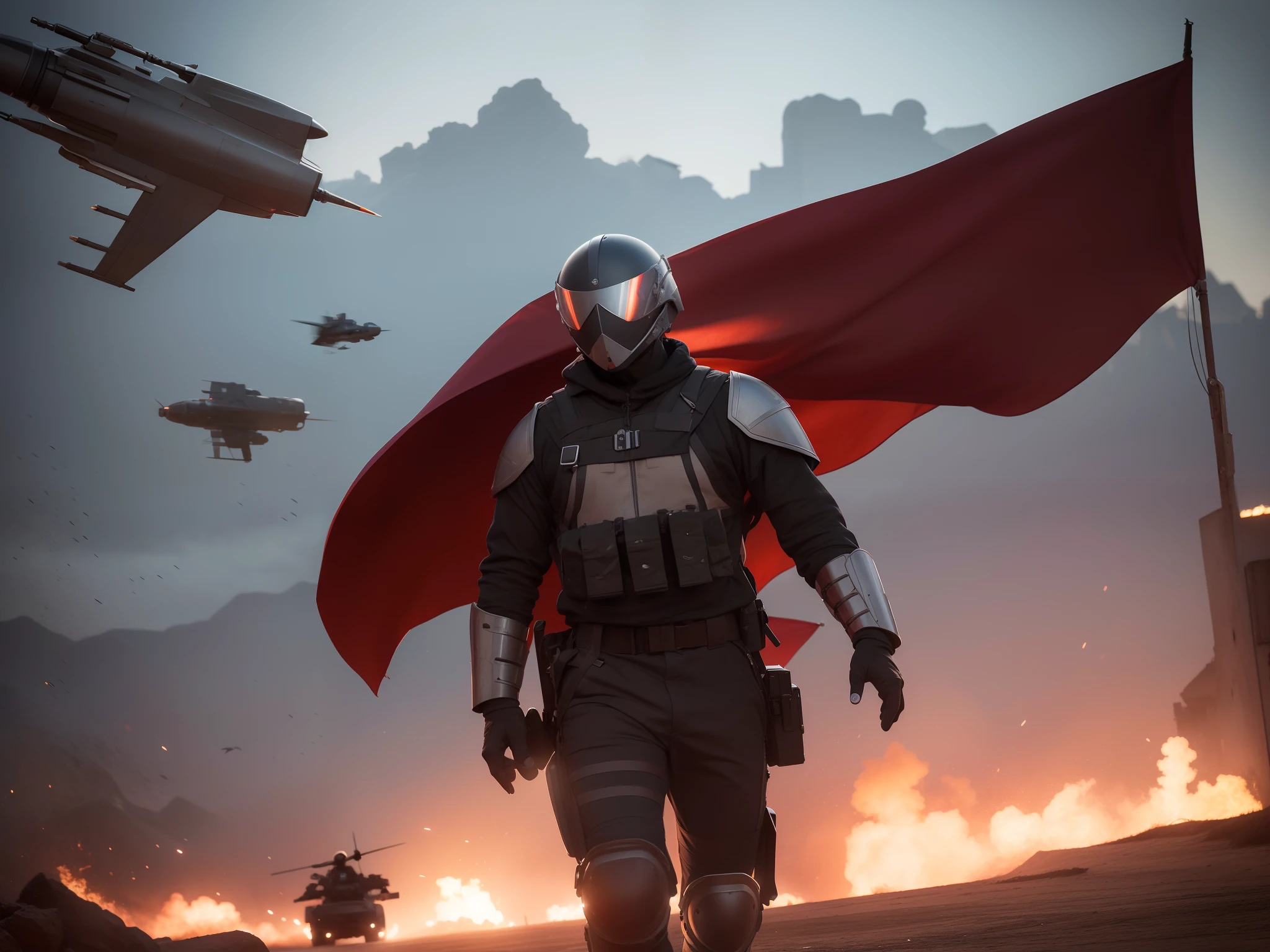 Soldado con armadura futurista, cuerpo super musculado, 8k, ultrarealistica, lloviendo sangre, corriendo con un arma en la mano, explosiones a su alrededor, In the background war tanks with very strange flag, aviones de combate disparando a otros aviones futuristas, charcos de sangre en el suelo. HD