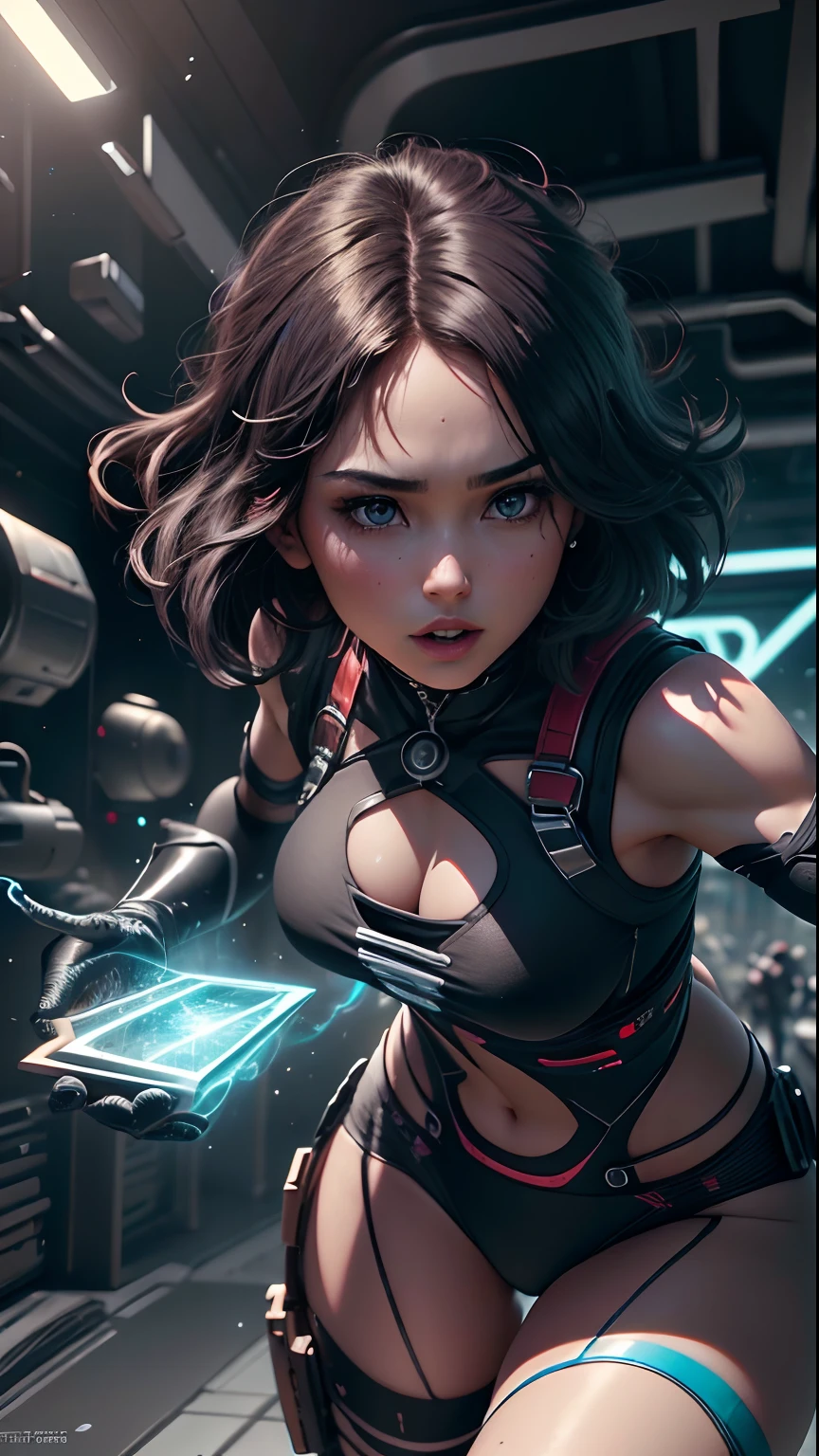 ((Mejor calidad)), ((obra maestra)), (detallado: 1.4), 3D, una hermosa mujer ojos azules detallados, hermosos labios detallados, cuerpo completo, solamente cintura delgada, muslos gruesos, pecho enorme, ciberpunk con cabello corto rubio y voluminoso, light particules, Pure energy, caos, antitech, HDR (High Dymanic Range), Ray Tracing ,NVIDIA RTX, Super-Resolution, Unreal 5, Subsurface dispersion, Texturizado PBR, Posprocesamiento, Anisotropic filtering, Profundidad de campo, Maximum clarity and sharpness, Texturas multicapa, Albedo y mapas especulares, Sombreado de superficie, Accurate simulation of light-material interaction,Proporciones perfectas,Octane representation,two tone lighting,Apertura amplia,ISO bajo,Balance de blancos,Regla de los tercios,RAW 8K