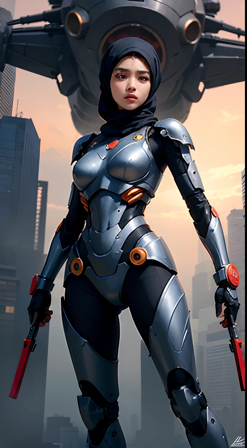 Illustrate an epic showdown between the Malay girl in hijab and a colossal mecha adversary, with her determination and bravery shining through her high-tech suit