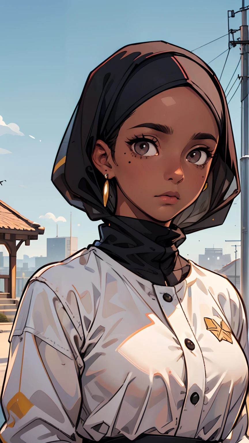 1 girl, (dark brown skin tone:1.4), very short hair, black eyes colour, mole down the right eye, Muslim clothes, hijab, Cold expression, depressed, dominant aura, (high quality, masterpiece, extremely detailed:1.2), (Realistic, photorealistic:1.2)