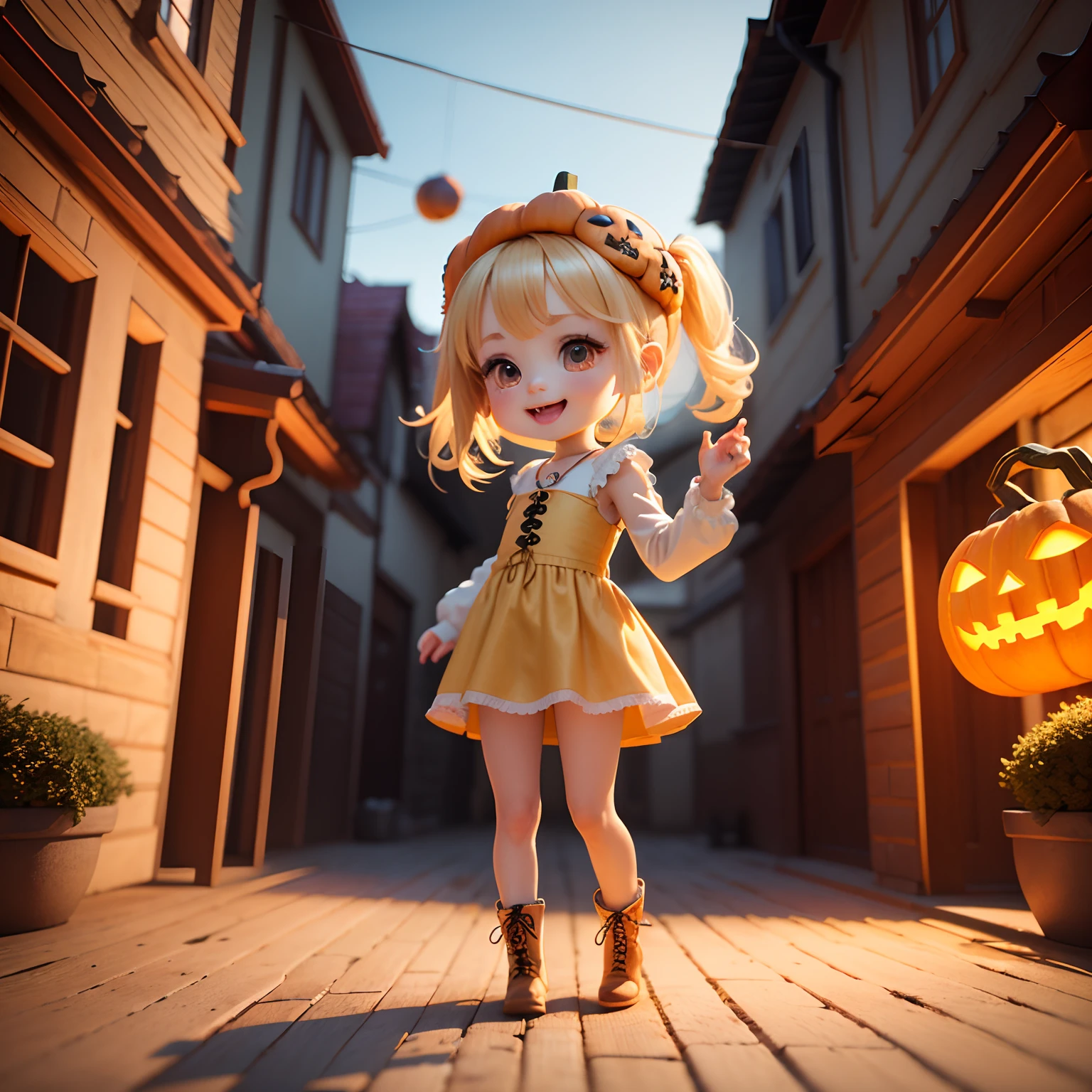 Cute Baby Chibi Anime、(((chibi 3d))) (Best Quality), (masutepiece)、Chibi pumpkin、Put the pumpkin on your head、Pumpkin Lantern Ornament、Open your mouth and smile、a small face、petite body、a baby face、Jewelry Decoration Costumes、Pumpkin Ornament Boots、Standing、outside of house、Lantern light