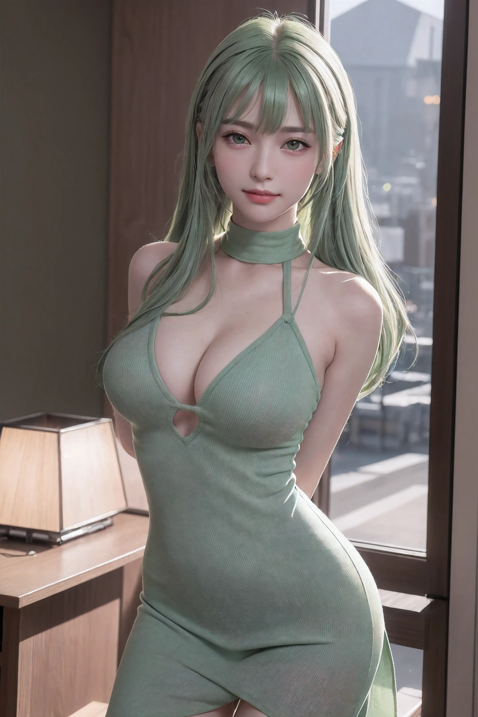 (1girl:1.3, solo), (((night situation:1.5))), (Masterpiece, best quality, photorealistic, highres, photography, :1.3), ultra-detailed, sharp focus, professional photo, commercial photo, (upper body:1.3, bust-up portrait), (starring the viewer:1.3), (arms behind back between legs:1.3), BREAK, (light-green hair:1.5), solo, European girl, hot model, highly detailed eyes and pupils, realistic skin, all-back hair:1.3, (attractive body, gigantic breast:1.25, thin waist:1.15), thin half-up hair, single hair, medium-length hair, extremely detailed hair, delicate sexy face, sensual gaze, shiny lips, BREAK, wearing a halter-neck light-green blue skin tight dress:1.3, high-neck dress, detailed clothes, BREAK, showroom effect, staged compositions, polished presentation, sleek visuals, idealized environments, aspirational design, BREAK, looking at viewer, cinematic lighting, in the dark, deep shadow, at night, natural shading, low key, intricate detail, detailed skin, pore, highres, hdr, 4k, realistic, BREAK, (attractive posing), ((realistic, super realistic, realism, realistic detail)), perfect anatomy, perfect proportion, bokeh, depth of field, hyper sharp image, (attractive emotion, seductive smile:1.2, happy:1.2, blush:1.2, :d:1.2, :p:1.2), 4fingers and thumb, perfect human hands, (professional studio soft light, cinematic light, bar light, rim lighting, low key, in the dark),
