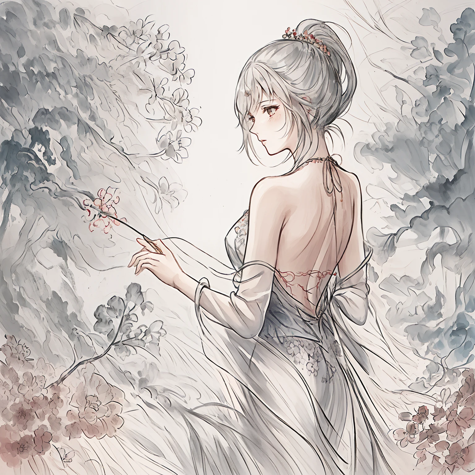(((masterpiece))),(((best quality))),((ultra-detailed)), ((illustration)),floating, ((an extremely delicate and beautiful)),(beautiful detailed eyes),((disheveled hair)), (painting),(sketch), 1girl, small_breasts,((neck)),(((back))),(looking back), blush,dhalter dress, sliver hair,backless dress