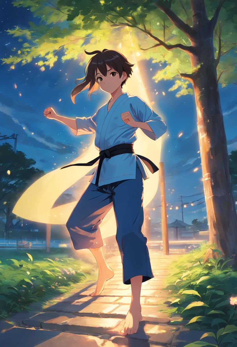 As night fell，Xiaojie practiced martial arts hard under a sun-dappled tree，Sweat ran down his cheeks。