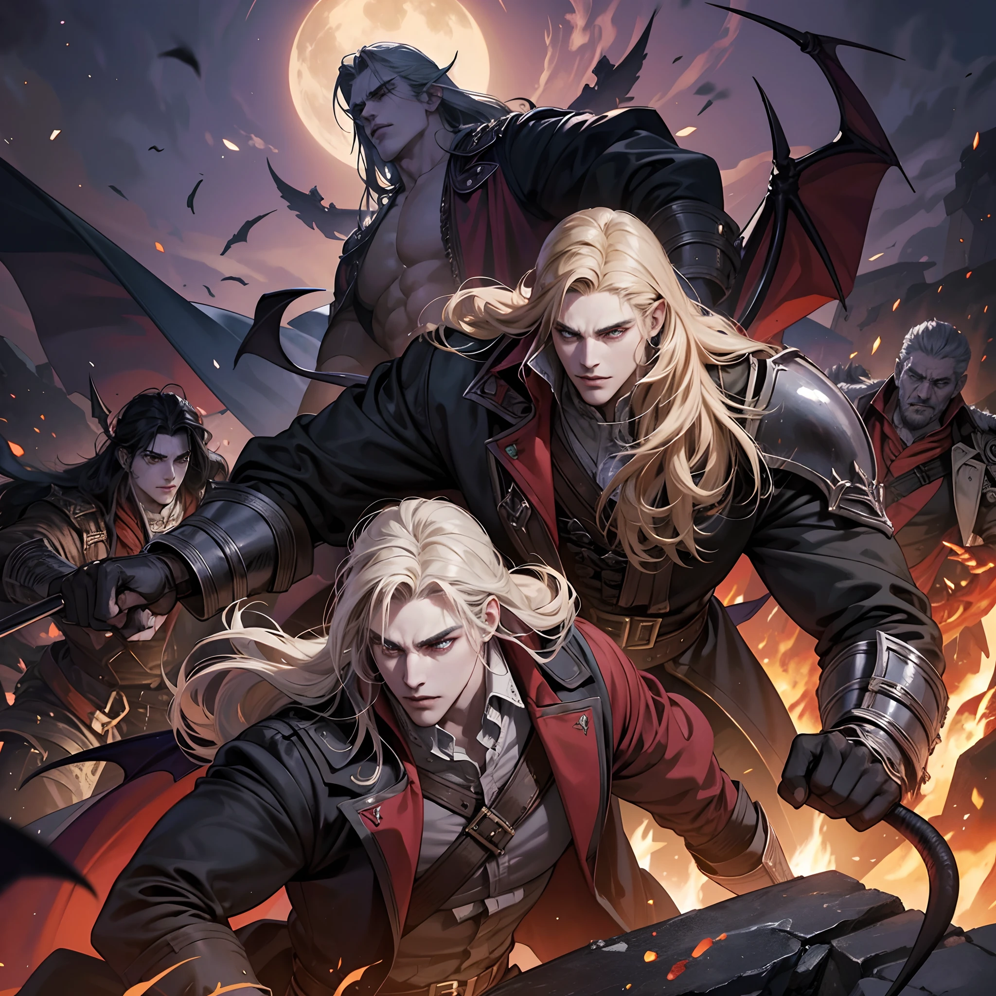 Castlevania Shadow Lord handsome muscular Lord Dracula leading troops armed with demons Very detailed faces to war hyper realistic super detailed Dynamic pose super detailed faces hyper realistic super detailed