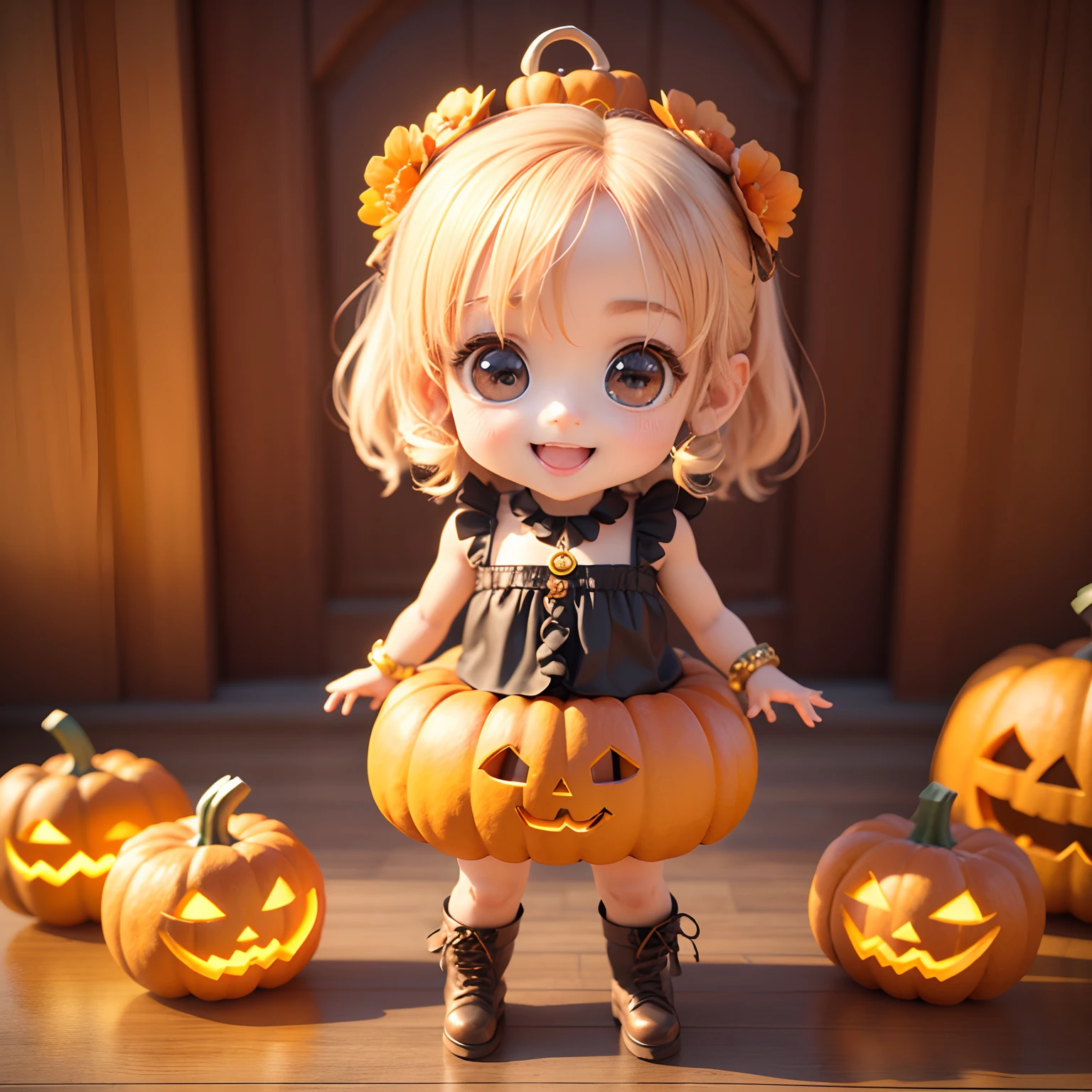 Cute Baby Chibi Anime、(((chibi 3d))) (Best Quality), (masutepiece)、Chibi pumpkin、Put the pumpkin on your head、Pumpkin Lantern Ornament、Open your mouth and smile、a small face、petite body、a baby face、Jewelry Decoration Costumes、Pumpkin Ornament Boots、Standing、