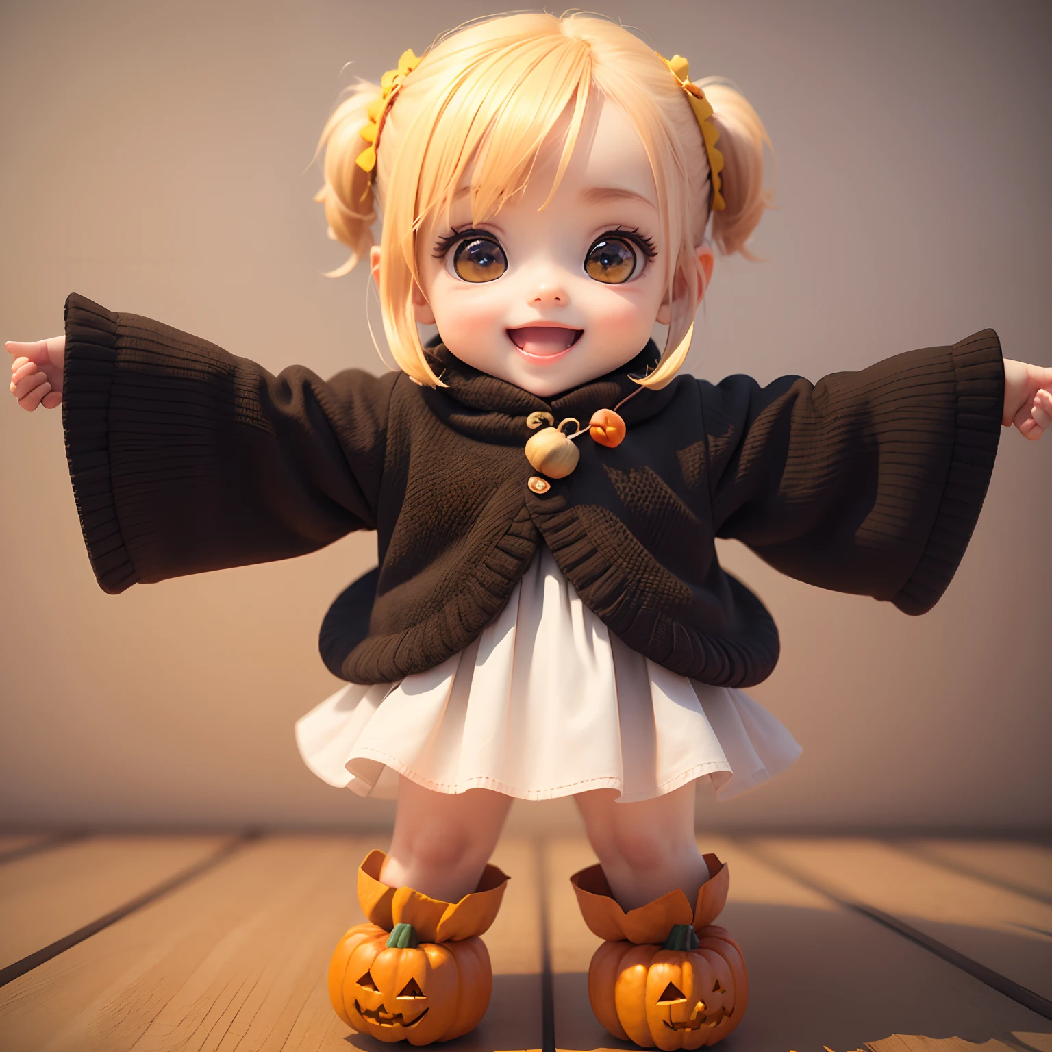 Cute Baby Chibi Anime、(((chibi 3d))) (Best Quality), (masutepiece)、Chibi pumpkin、Put the pumpkin on your head、Pumpkin Lantern Ornament、Open your mouth and smile、a small face、petite body、a baby face、Jewelry Decoration Costumes、Pumpkin Ornament Boots、Standing、