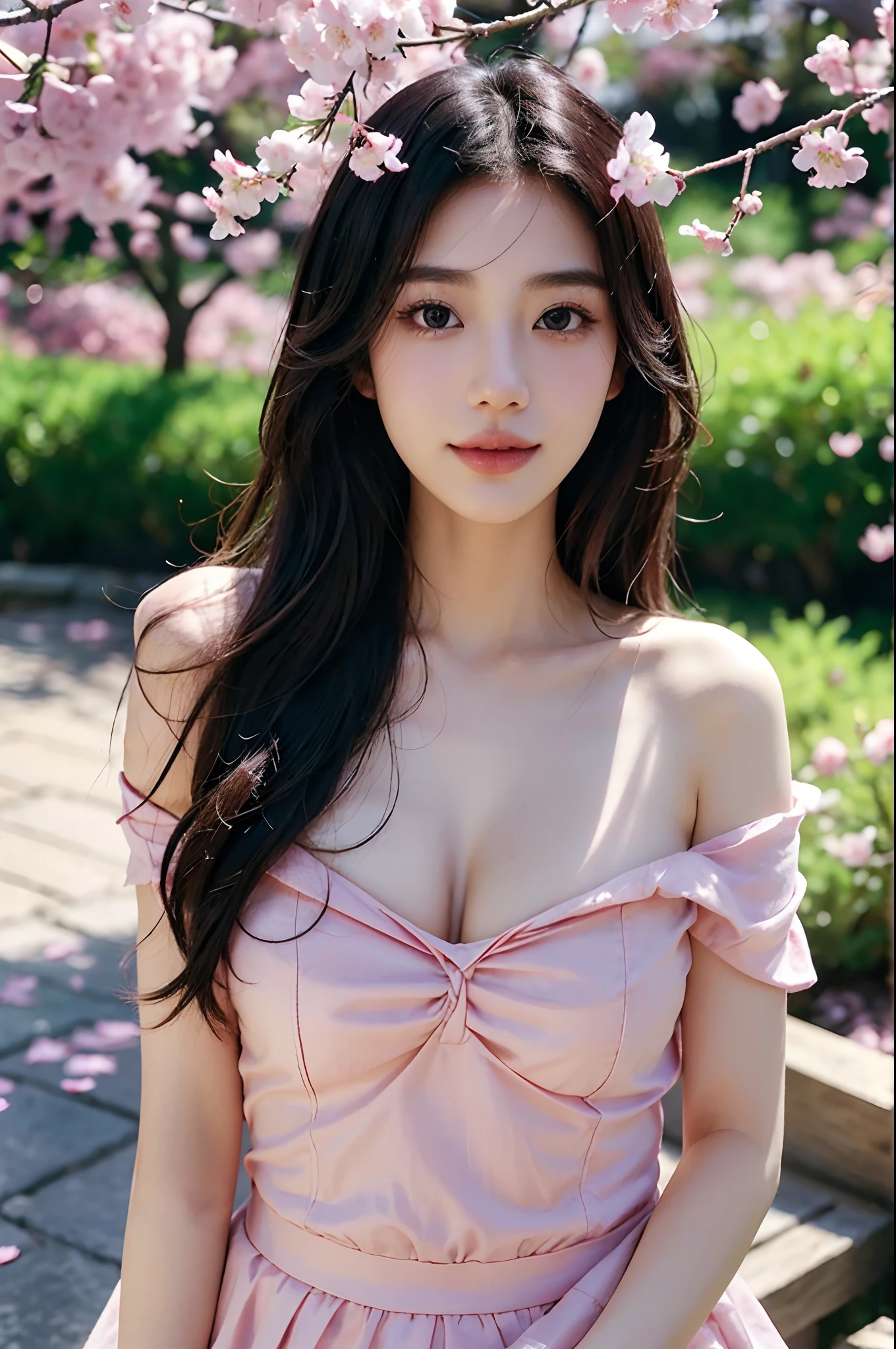 (Best quality,4K,8K,A high resolution,Masterpiece:1.2),Ultra-detailed,(Realistic,Photorealistic,photo-realistic:1.37),Beautiful detailed eyes,beautiful detailed lips,Extremely detailed eyes and face,Long eyelashes,slender leg,nice thigh,perfect hand,1girll,korean beautifull girl,Japanese and Korean beauties,Korean,Large cleavage,deep v big breasts,Under the cherry blossoms,Enchanted smile,feminine charm,Flowing black hair,Elegant posture,Beautiful dance moves,tranquil ambiance,Ethereal beauty,There is a faint blush on the cheeks,Natural and enhanced functionality,Classic Korean makeup