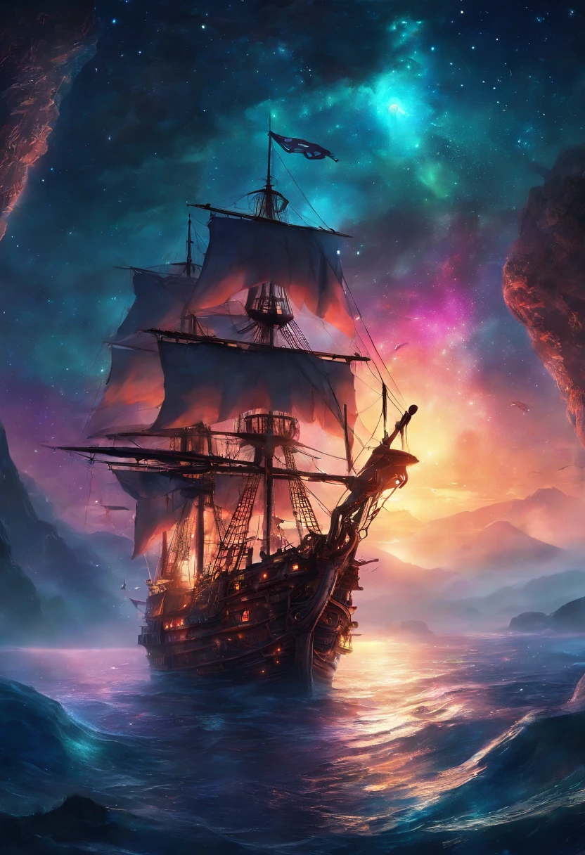 (Pirate ship sailing into a bioluminescence sea with a galaxy in the sky), epic, 4k, ultra,