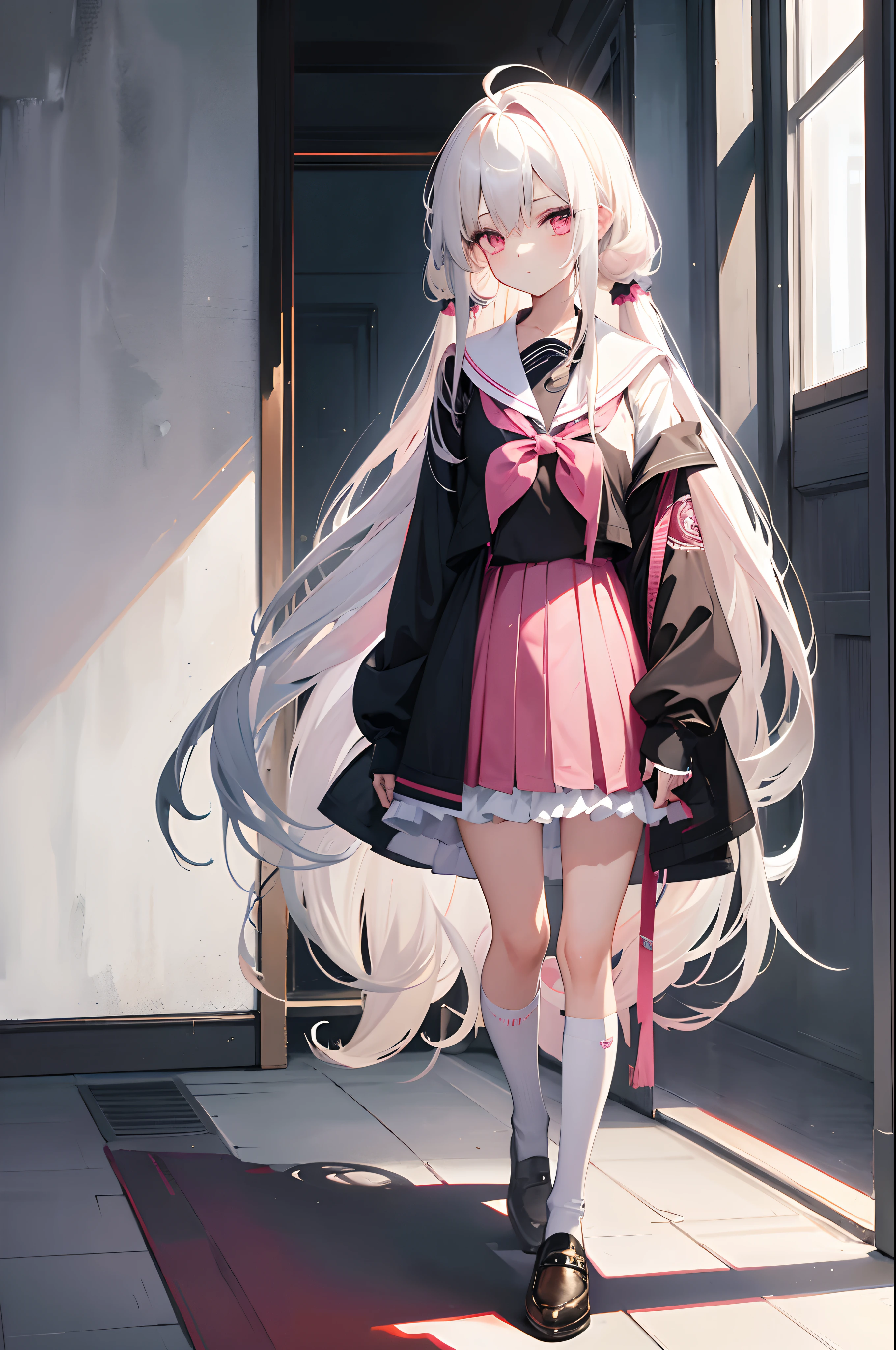 art book,Girl,mesugaki,Long hair,Platinum blonde hair,Striped hair,ahoge,crossed bangs,Parted bangs,hair scrunchie,((dual horsetail)),Pink eyes,Full body standing painting,English suit school uniform,White silk in front of the knee