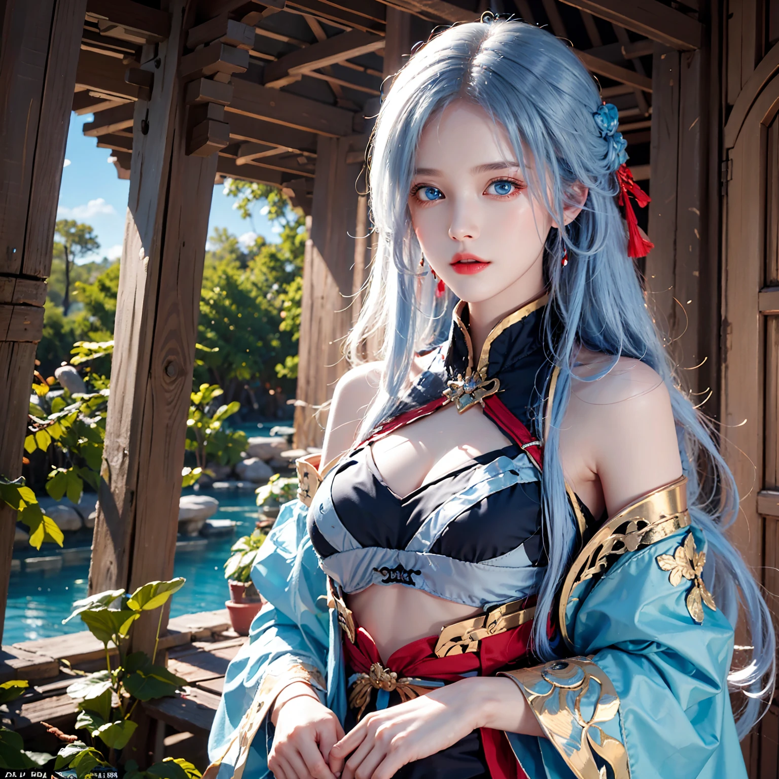 Photography Award, masterpiece, blue hair, blue eyes, lifelike, High resolution, soft light, Red T-shirt, 1 female, alone, Hips raised, game girl, Game Center, arcade, shiny skin, dynamic poses, bright, Game Center background, high background detail, dim lights, night, Pink headphones beautiful breasts、huge breasts:1.4 beautiful breasts、huge breasts:1.4