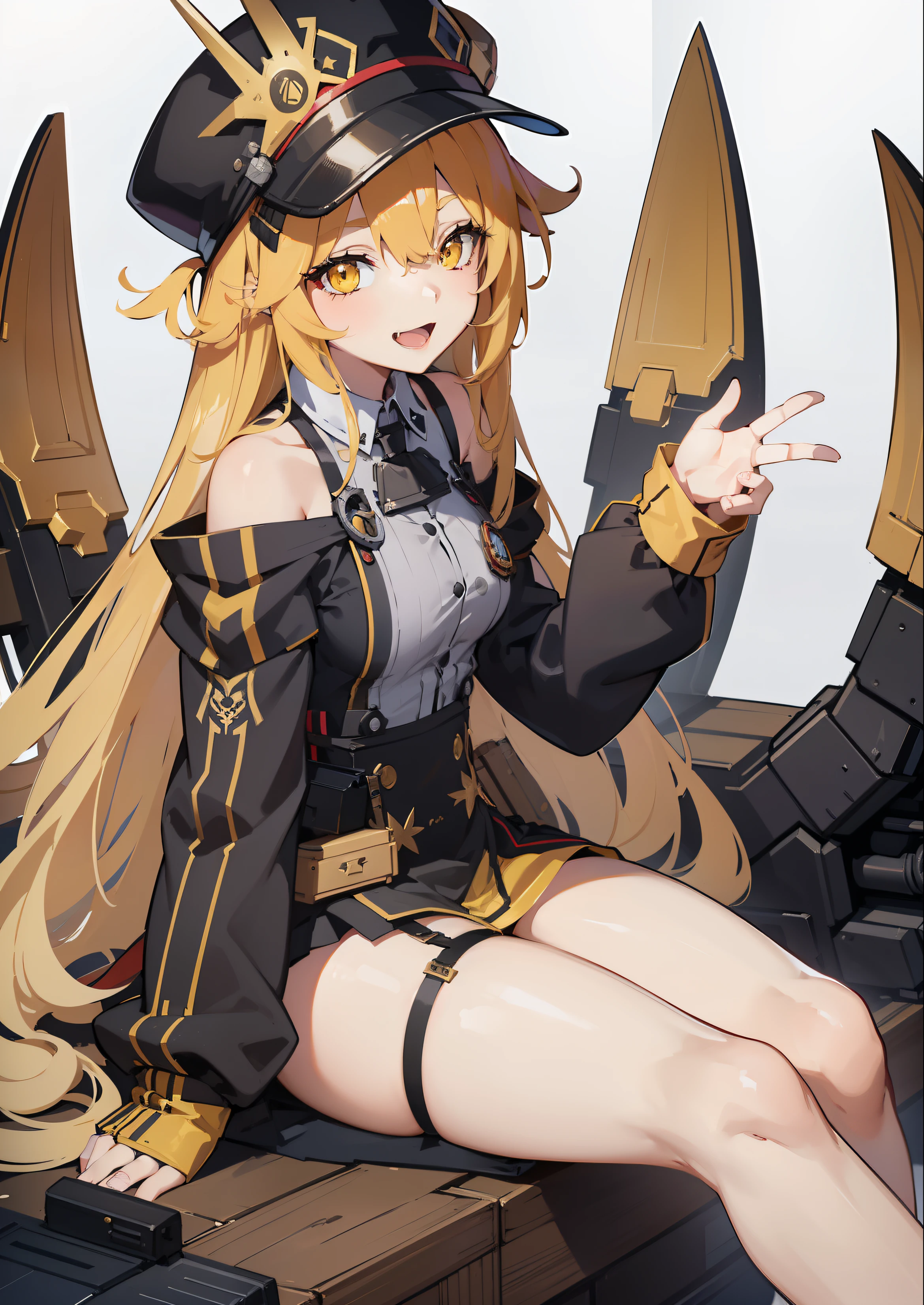 anime girl sitting on a giant black chair with a hat on, mechanized witch girl, mechanized valkyrie girl, from girls frontline, cushart krenz key art feminine, from the azur lane videogame, azur lane style, zerochan art, krenzcushart, fine details. girls frontline, kantai collection style, cushart kenz, yellow eyes, winking, yellow hair, red hair, looking at viewer, smile, open mouth, fang, thighs, loli