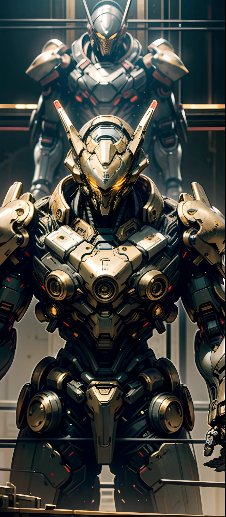 Dark_Fantasy,Cyberpunk,(black and gold armor:1.1) giant mecha,Mechanical marvel,Robotic presence,Cybernetic guardian, worn-out mech suit, intricate, (steel metal [rusty]), elegant, clear focus, soft lighting, vibrant colors, masterpiece, ((battlefield)), fighting pose, glowing armor
