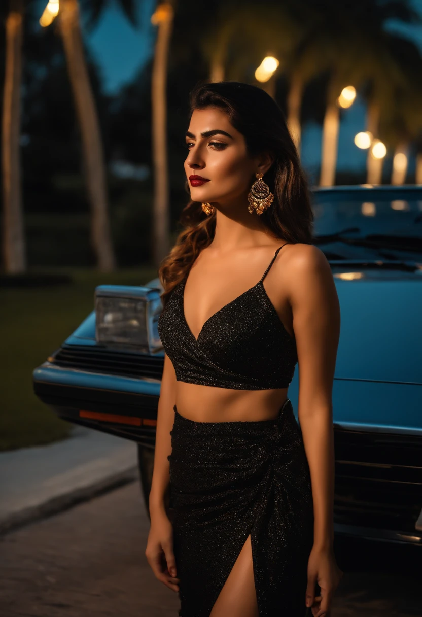 A young Turkish girl at Miami ,retro vibes along with a Ferrari testarossa , enjoying nightscape , near palm trees , wearing khadi brand black saree , Mehwish Hayat