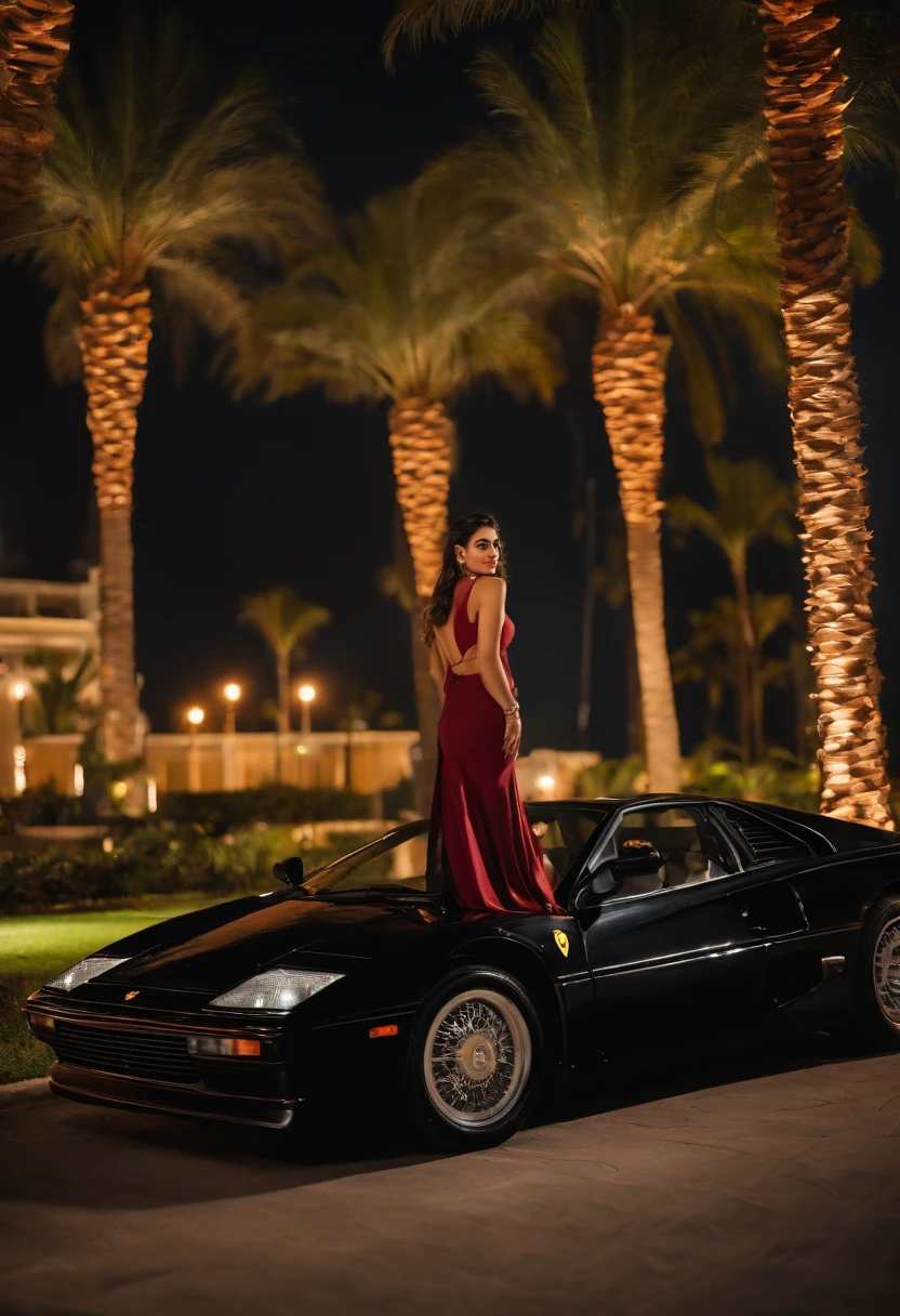 A young Turkish girl at Miami ,retro vibes along with a Ferrari testarossa , enjoying nightscape , near palm trees , wearing khadi brand  black saree , Mehwish Hayat
