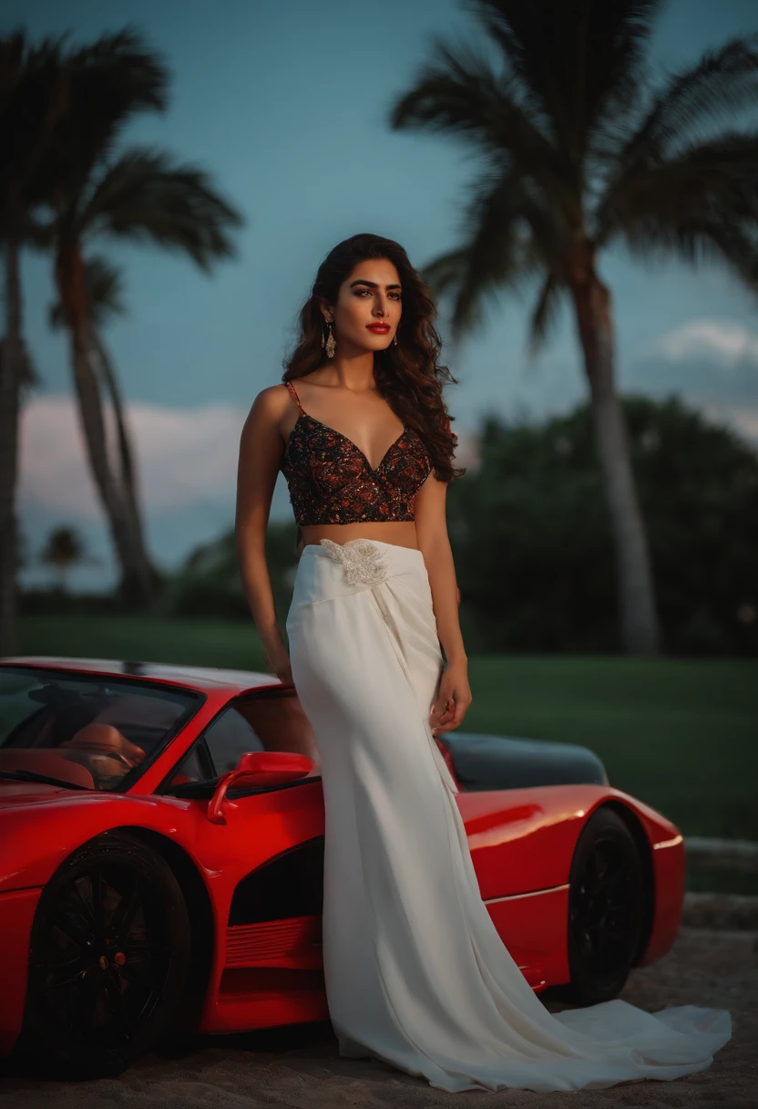 A young Turkish girl at Miami ,retro vibes along with a Ferrari testarossa , enjoying nightscape , near palm trees , wearing khadi brand black saree , Mehwish Hayat